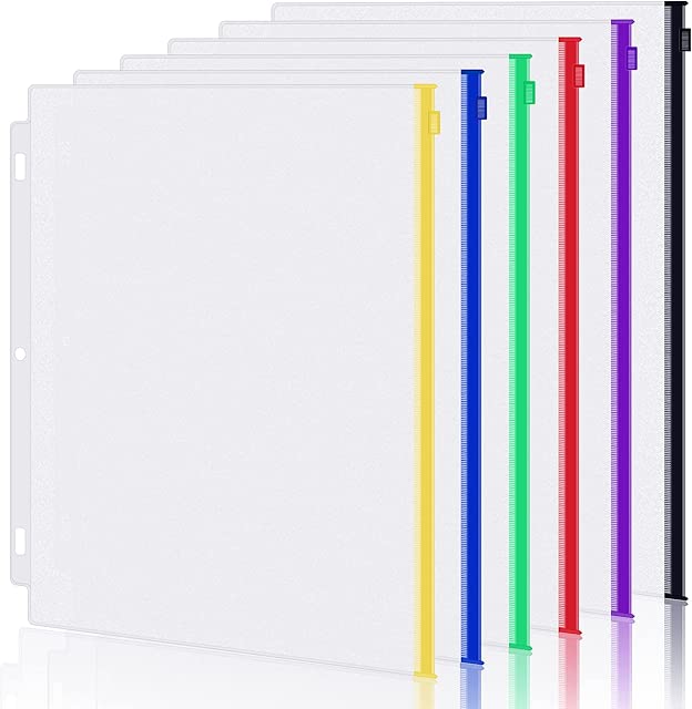 Antner 6 Pack Letter Size Binder Pockets for 3 Ring Binder, Multicolor Zipper Binder Pouches Loose Leaf Bags Document Folders, Waterproof PVC Binder Pockets Filing Bags for Office School Home