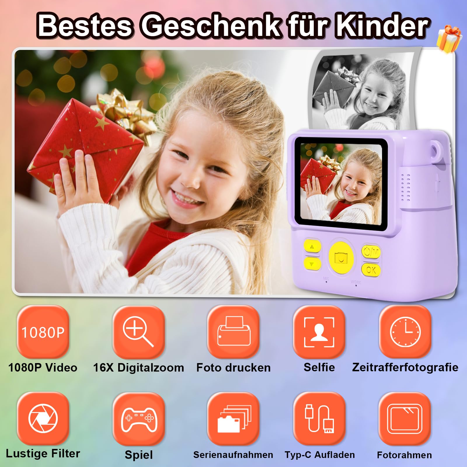GKTZ Sofortbildkamera Kinder 1080P HD Sofortdruck Geschenk für Mädchen 5-10 Jahre (Lila)