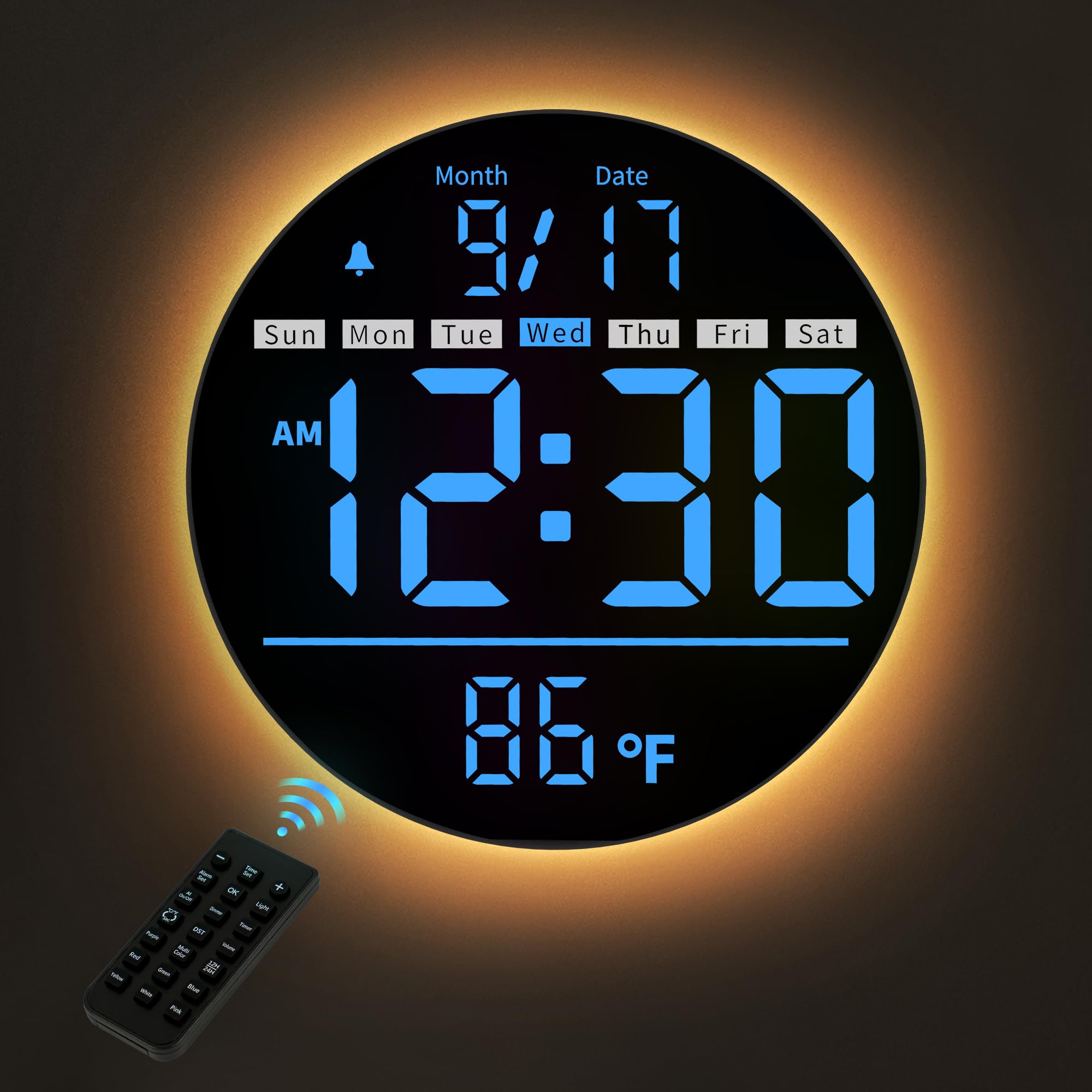 HAITANG Digitale Wanduhr Groß 20cm Rund, Wanduhr mit Fernbedienung, Automatischer Helligkeit, Temperatur, Sommerzeit (DST), Wecker mit Werktags/Wochenend-Modus, LED Digitaluhr für Schlafzimmer
