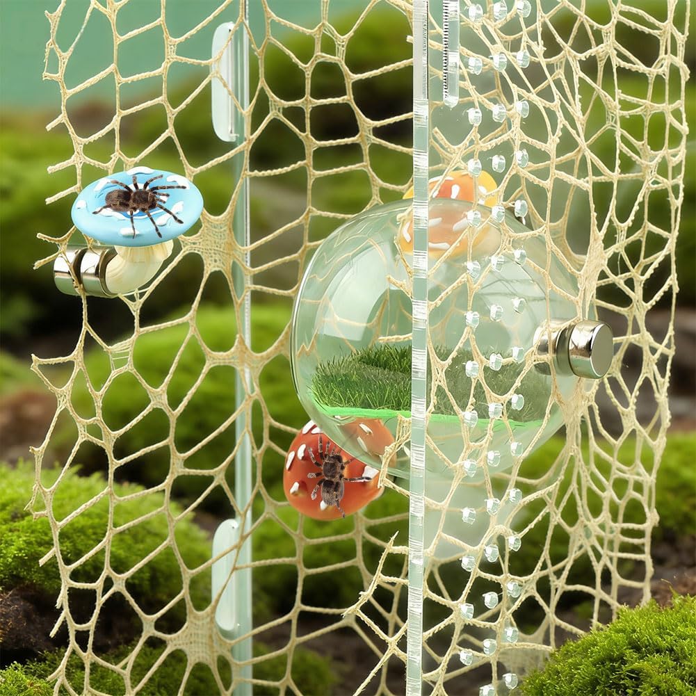 Jumping Spiders Hide Accessories, Glass Ball Hide Habitat Mushroom Platform, Small Spiders Enclosure Accessories with Artificial Grass and Nets for Climbing Resting