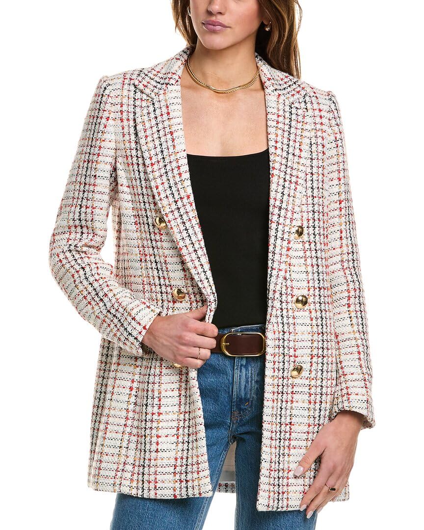 Anne Klein Womens Tweed Plaid Long Faux Double Breasted Ja