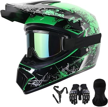 Dirt Bike Helmets Motorcycle Helmet Youth ATV Motocross Full Face Men Women Off-Road Mountain Bike Helmet Adult withGloves Goggles Mask Chin Mount DOT Approved 5Pcs Set