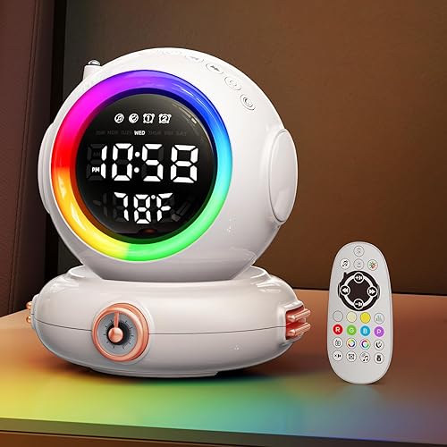 Reloj despertador con luz de simulación de amanecer con control remoto, alarma dual de astronauta, altavoz inalámbrico, 6 sonidos naturales,