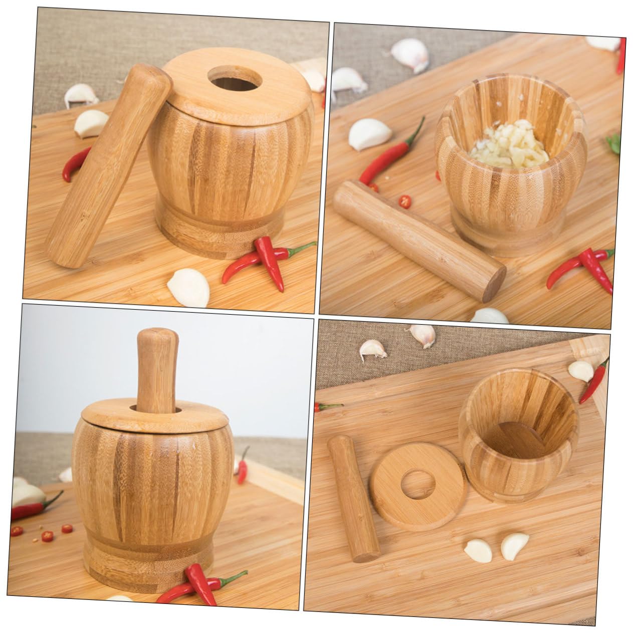 SHOWERORO Manual Garlic Bowl Bamboo Grinding Pestle Food Mashing Tool Kitchen Garlic Pounder Crusher Smasher Mortar Pestle