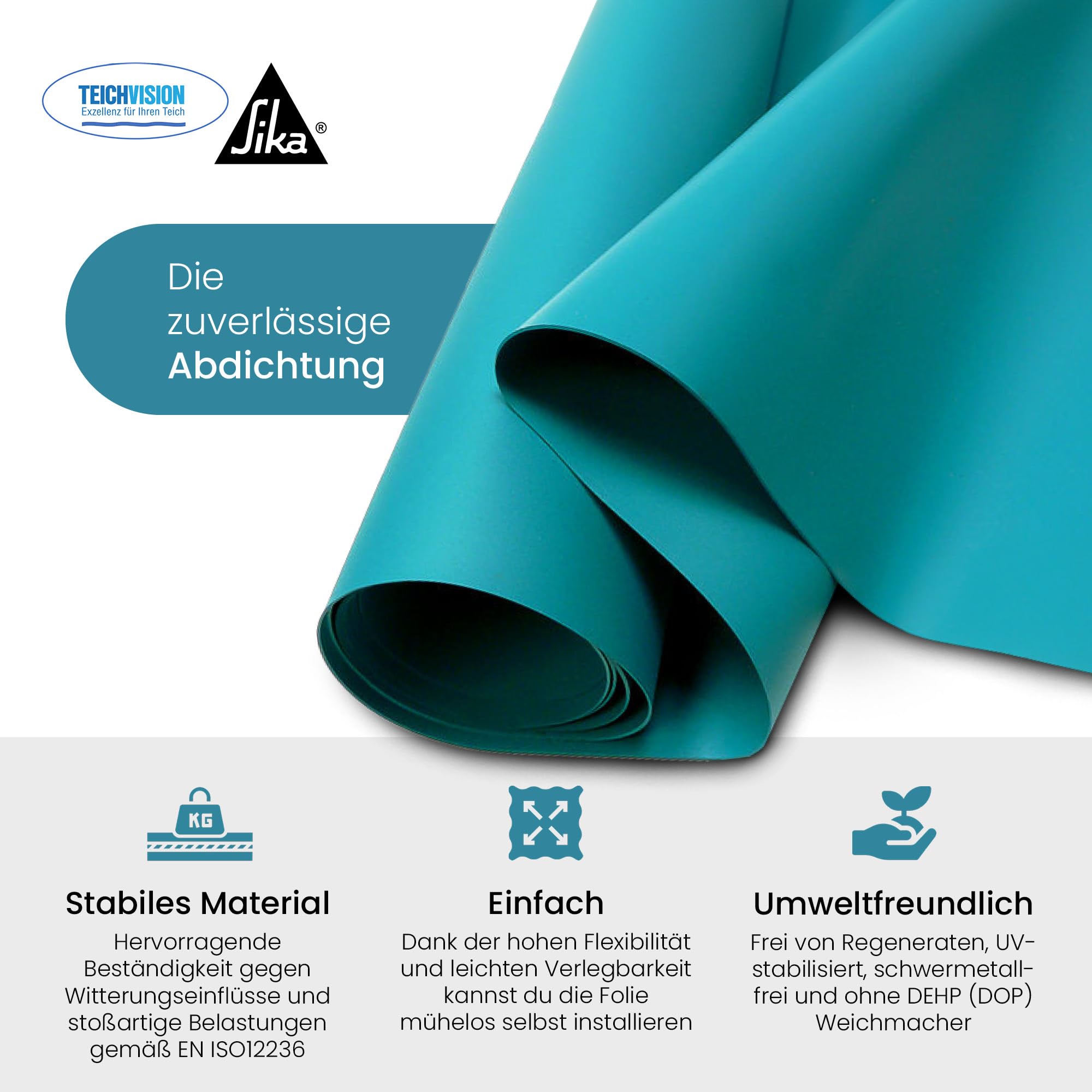 TeichVision - Premium PVC Teichfolie türkisblau - Stärke 1 mm - 2 m x 1,5 m/PVC Folie türkisblau geeignet für Teiche, Biotope, Naturschwimmbäder