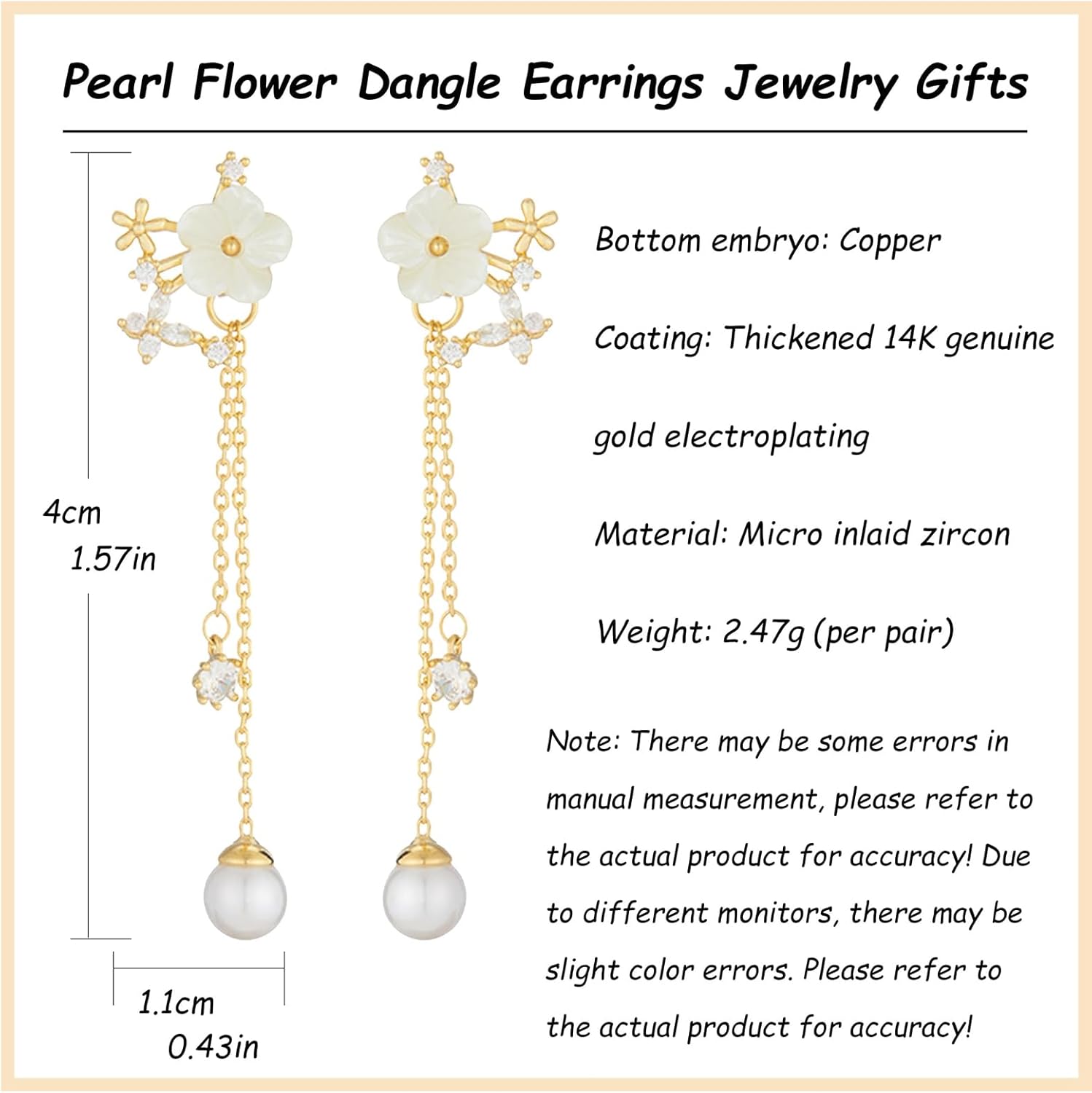 Dangle Pearl Drop Earrings for Women Trendy Long Threader Chain Dainty Flower Wedding Bridal Earrings for Brides Cute 14K Gold Statement Sparkly Jewelry - Image 6