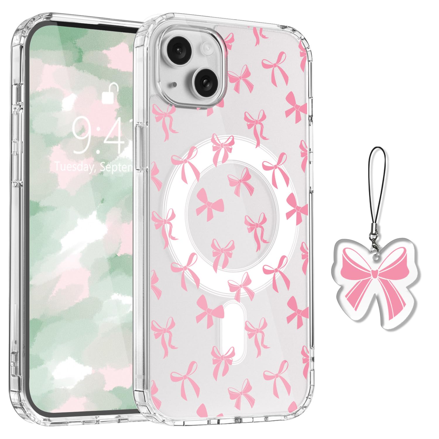 LuminousGuard for iPhone 13/iPhone 14 Case, Cute Y2K Pink Bow Clear Soft Magnetic Phone Case with Phone Charm for Women Gi...