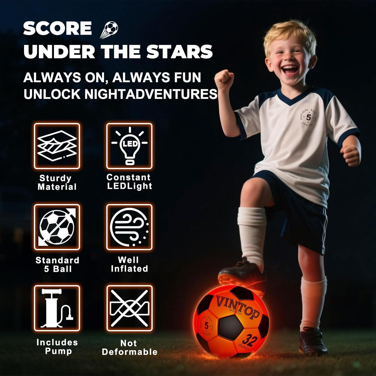 VINTOP Light Up Soccer Ball for Kids Glow in The Dark - No 5 with Pump, Sports and Outdoor Cool LED Light-Up Soccer Stuff, Gift Birthday Ideas for Boy, Girl, Teens