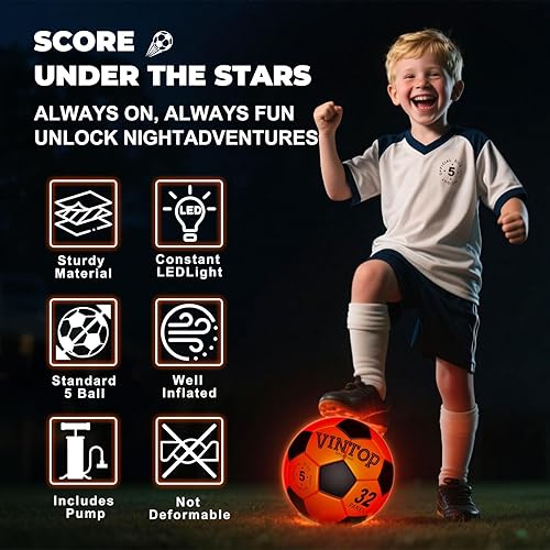 Miniatura 2 de VINTOP Balón de fútbol iluminado para niños que brilla en la oscuridad, no 5 con bomba, deportes y actividades al aire libre con luz LED, ideas de
