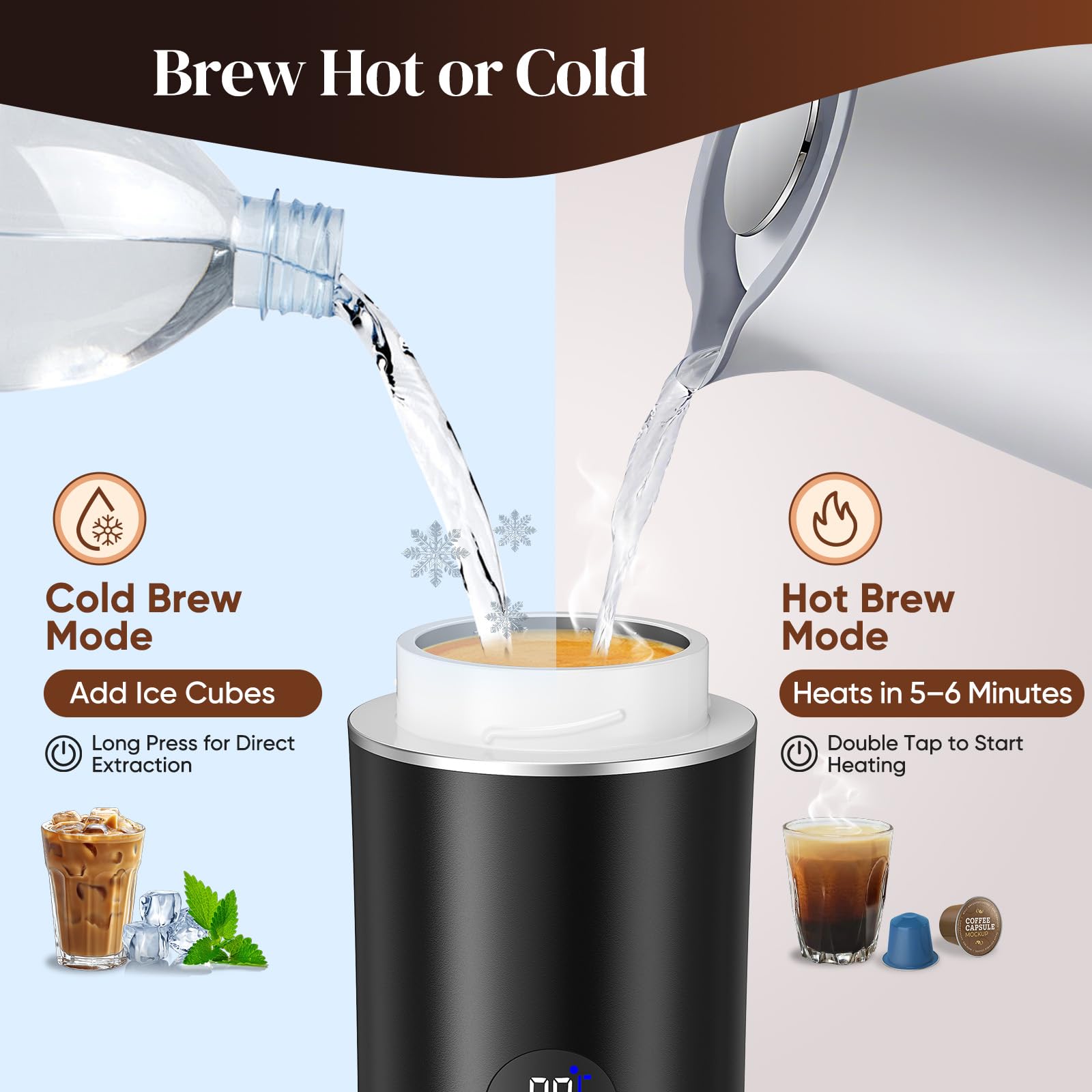 Cafetera eléctrica espresso, cafetera de cápsulas, mini cafetera portátil, compatible con cápsulas de café/café molido, calentamiento instantáneo para el coche, exterior (Negro)