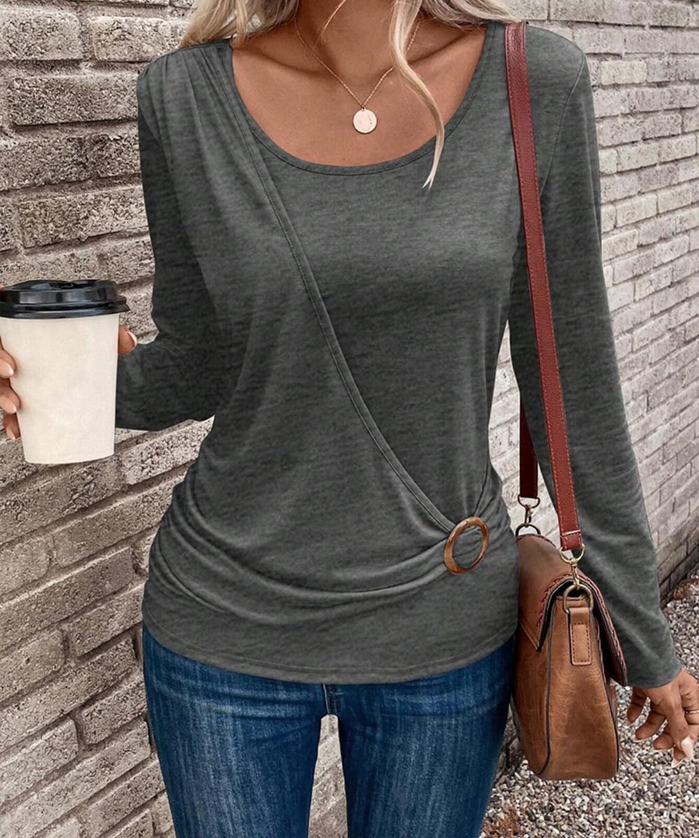 ABINGOO Donna Maniche Lunghe Magliette Elegante Girocollo Tunica Top Button Pieghe Shirt Tinta Unita Camicie