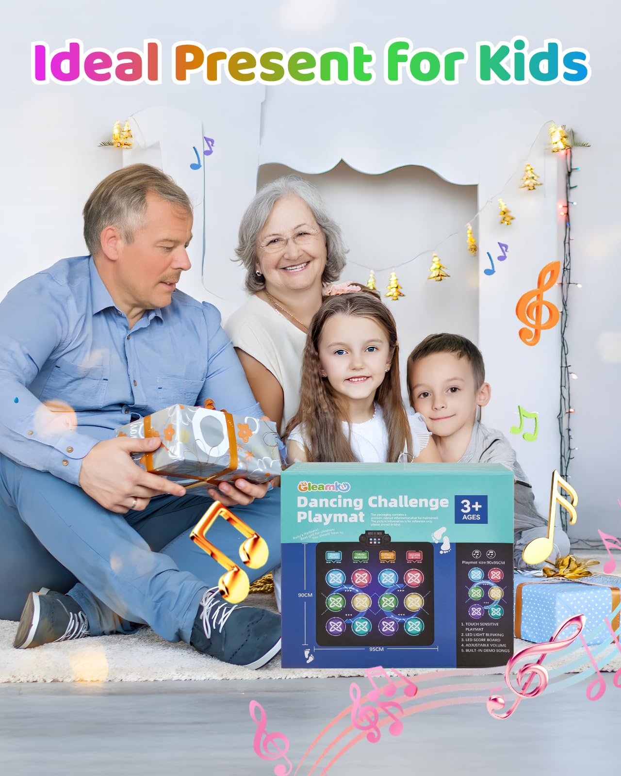 Tapete de baile para niños, almohadilla de baile de 12 botones con luz LED con volumen ajustable, música integrada, modo de 1 jugador y 2 jugadores, 8 modos de desafío y 3 niveles de 7