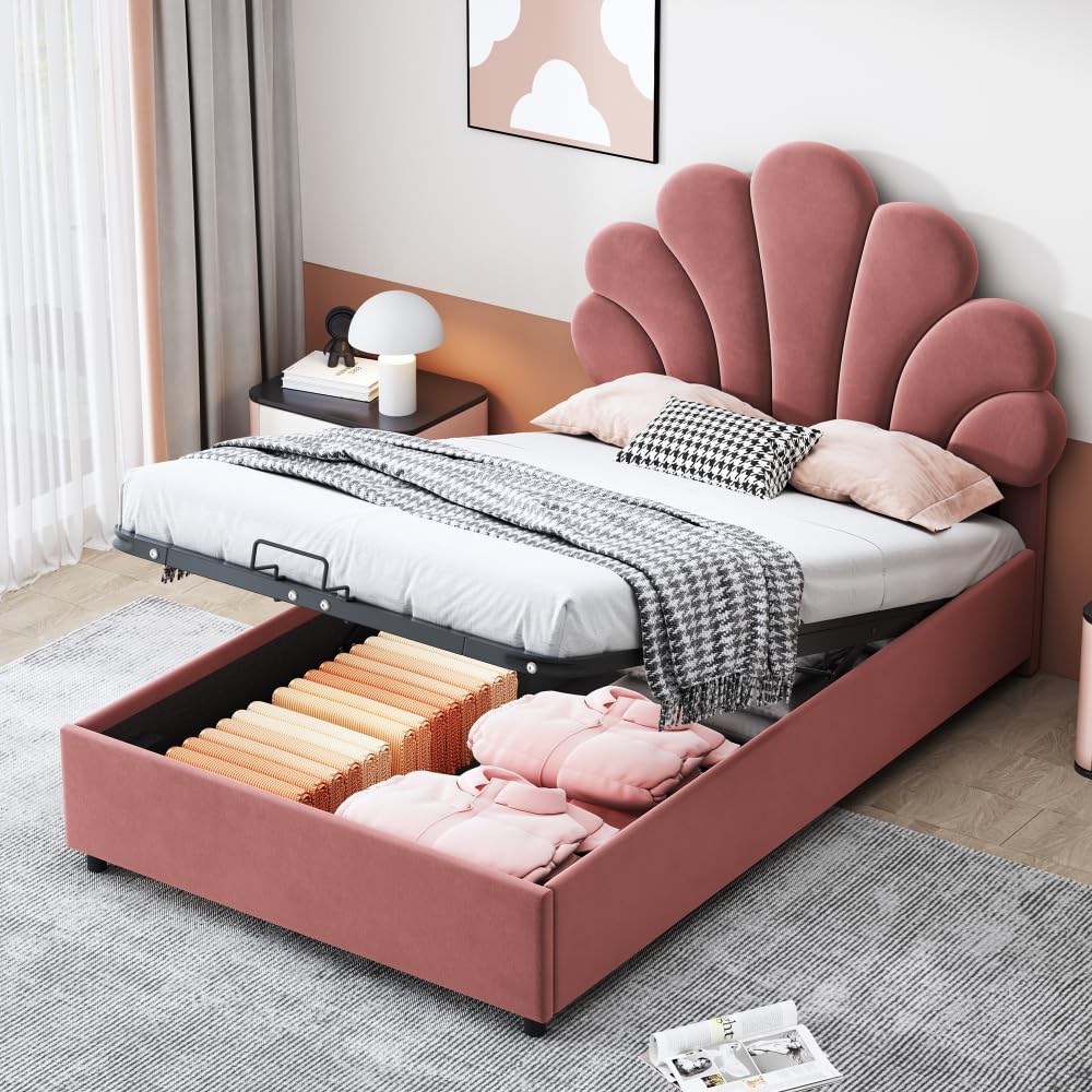 Cama acolchada de 90 x 200 cm para niños, cama con almacenamiento hidráulico, cama individual con cabecero floral y estructura de láminas y cabecero ajustable, tela de terciopelo, color rosa
