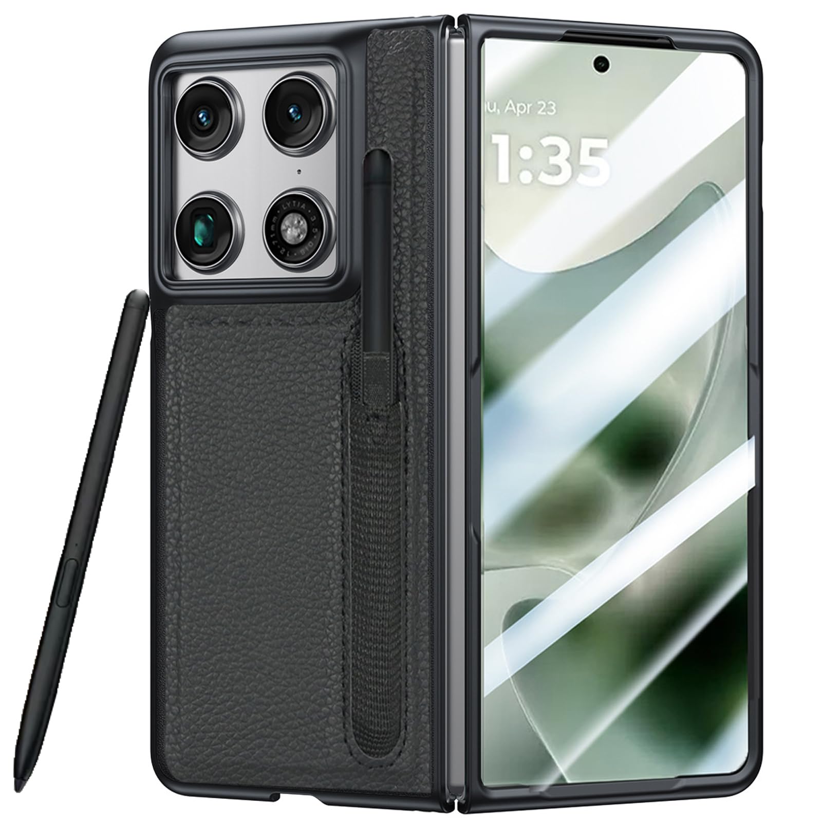 Custodia in pelle per Motorola Moto Razr Fold, con slot per penna e protezione per lo schermo anteriore, custodia rigida in policarbonato antiurto (nero)