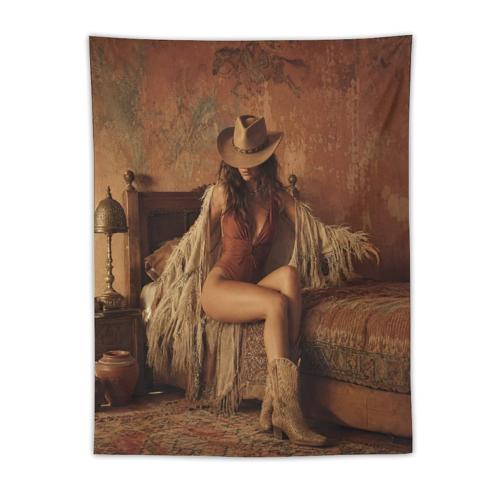 H3B8U2Y5 Rustic Cowgirl Bedroom Wall Tapestry, Oil Painting Style