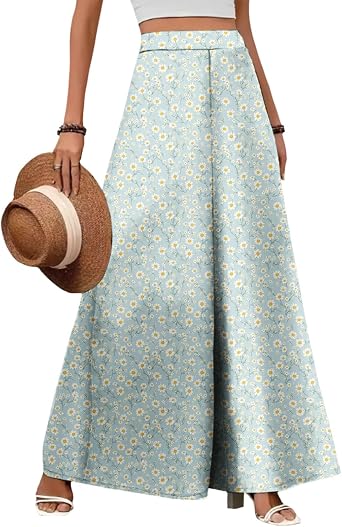 Womens High Waist A-Line Floral Maxi Pants Elegant Summer Beach Lightweight Flowy Printed Long Pant