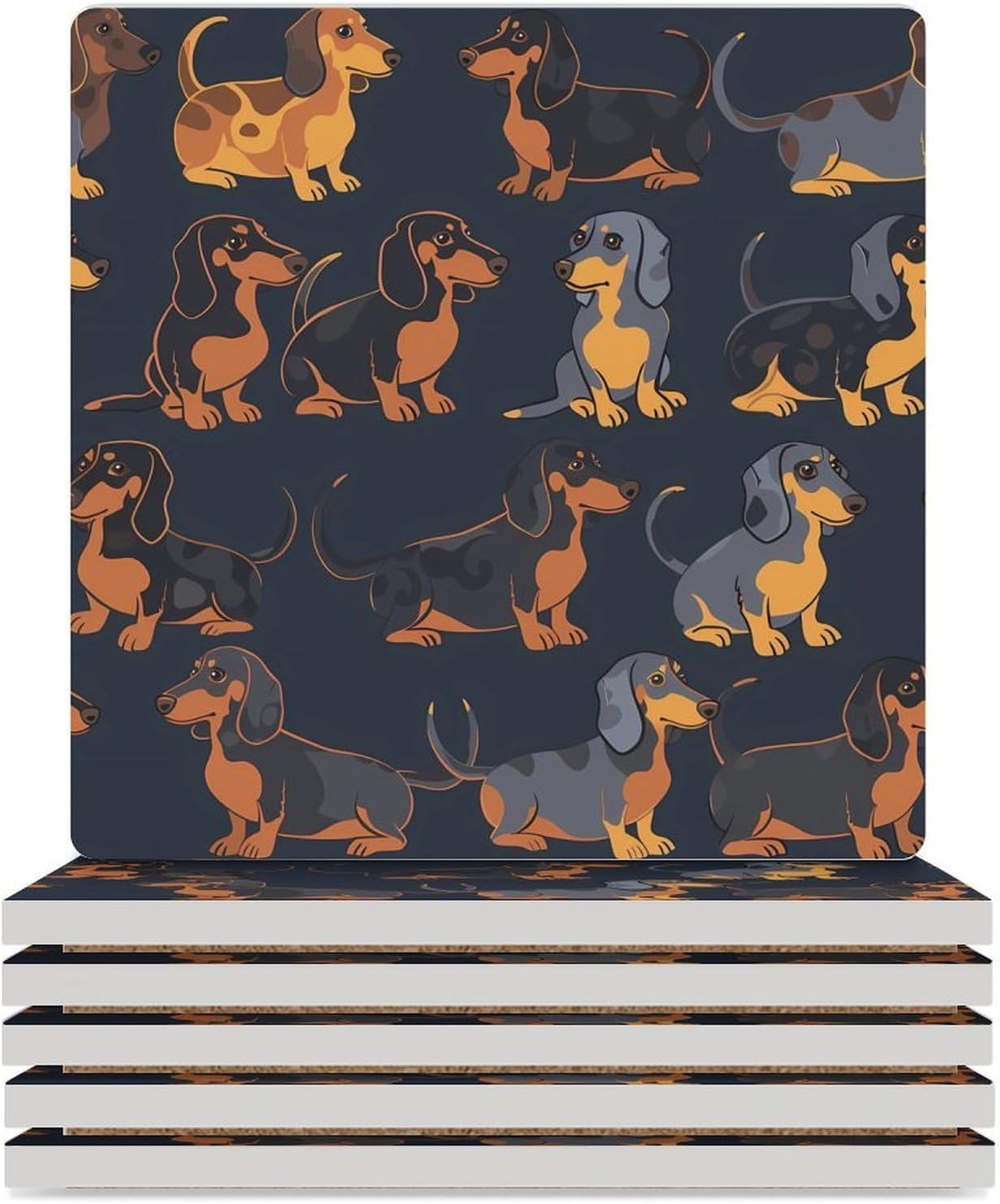Dachshund Dog Print Blue Coaster for Drinks Square Ceramic Table Coasters Stone Mat Crafts 4PCS Home Kitchen Decor