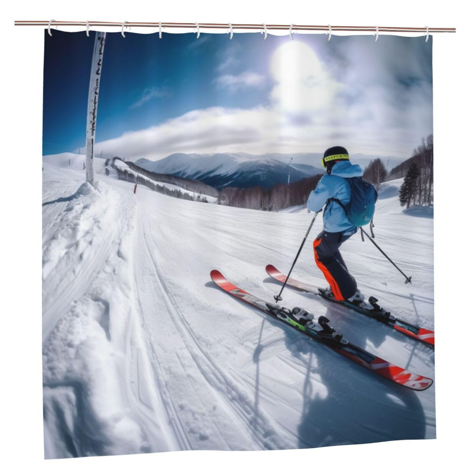 BWWHCCTI Winter Skiing Printed Shower Curtain With 12 Plastic Hooks Opaque Quick Drying Waterproof Shower Curtains Sets For Bathroom 183x183 CM