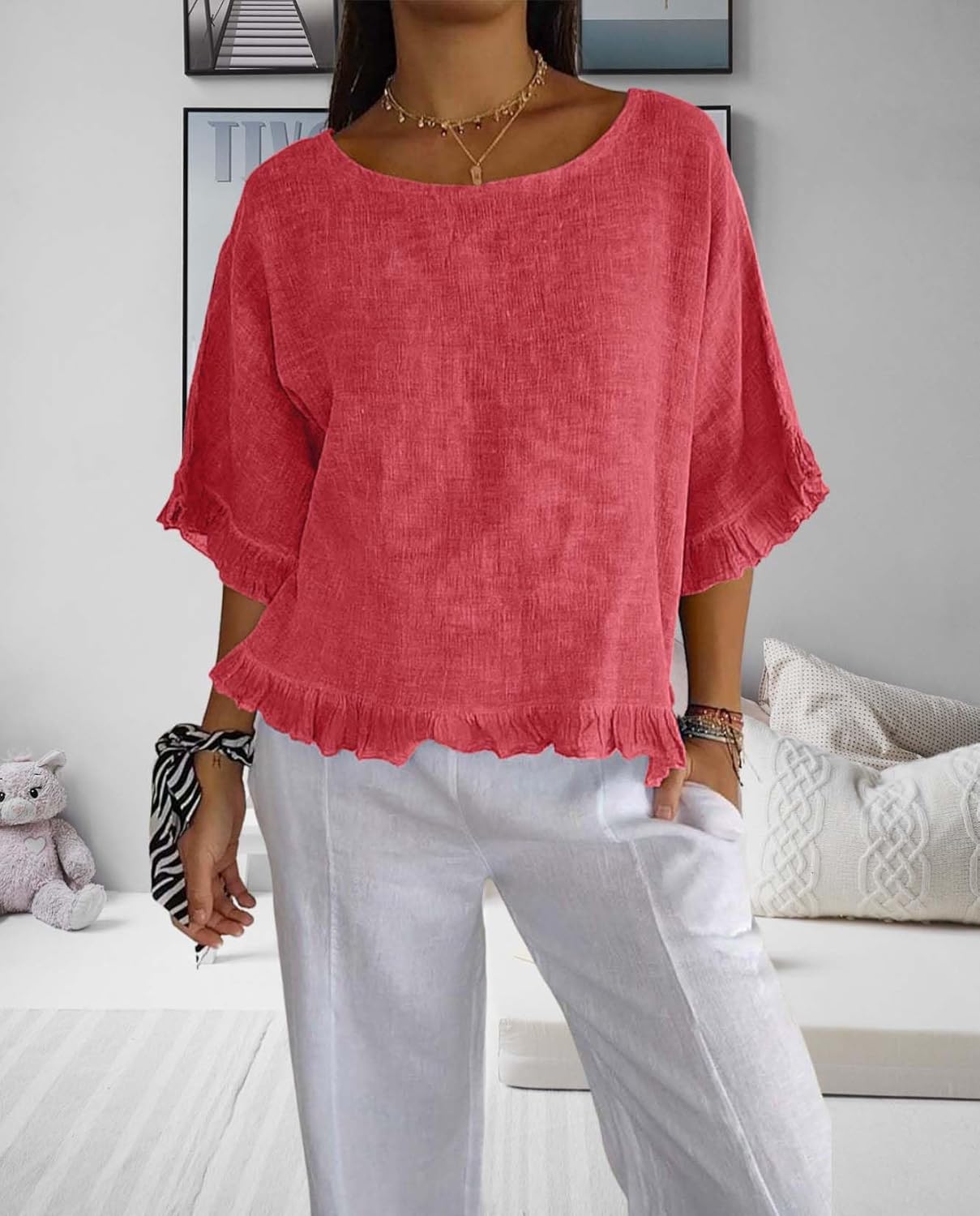 Womens Flowy Edge Casual Tops Summer Short Sleeve Loose Fit Shirts Simple Round Neck Baggy Solid Color Blouses - Image 3