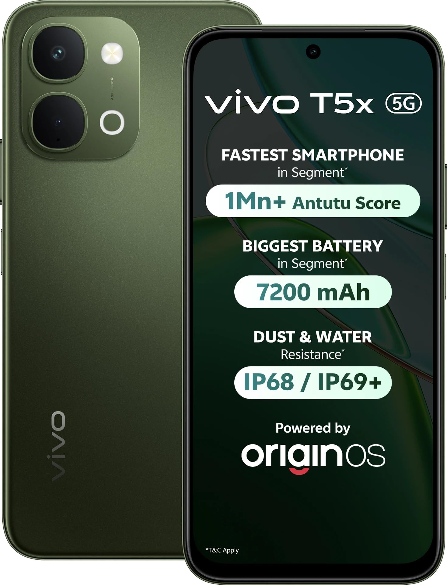 vivo T5x 5G (Cyber Green, 6GB RAM, 128GB Storage) | 50MP AI Dual Camera | 32MP Selfie | 6.76" FHD+ Display | 7200mAh Battery | Dimensity 7400-Turbo Processor | Fast Charging | Dual SIM Smartphone