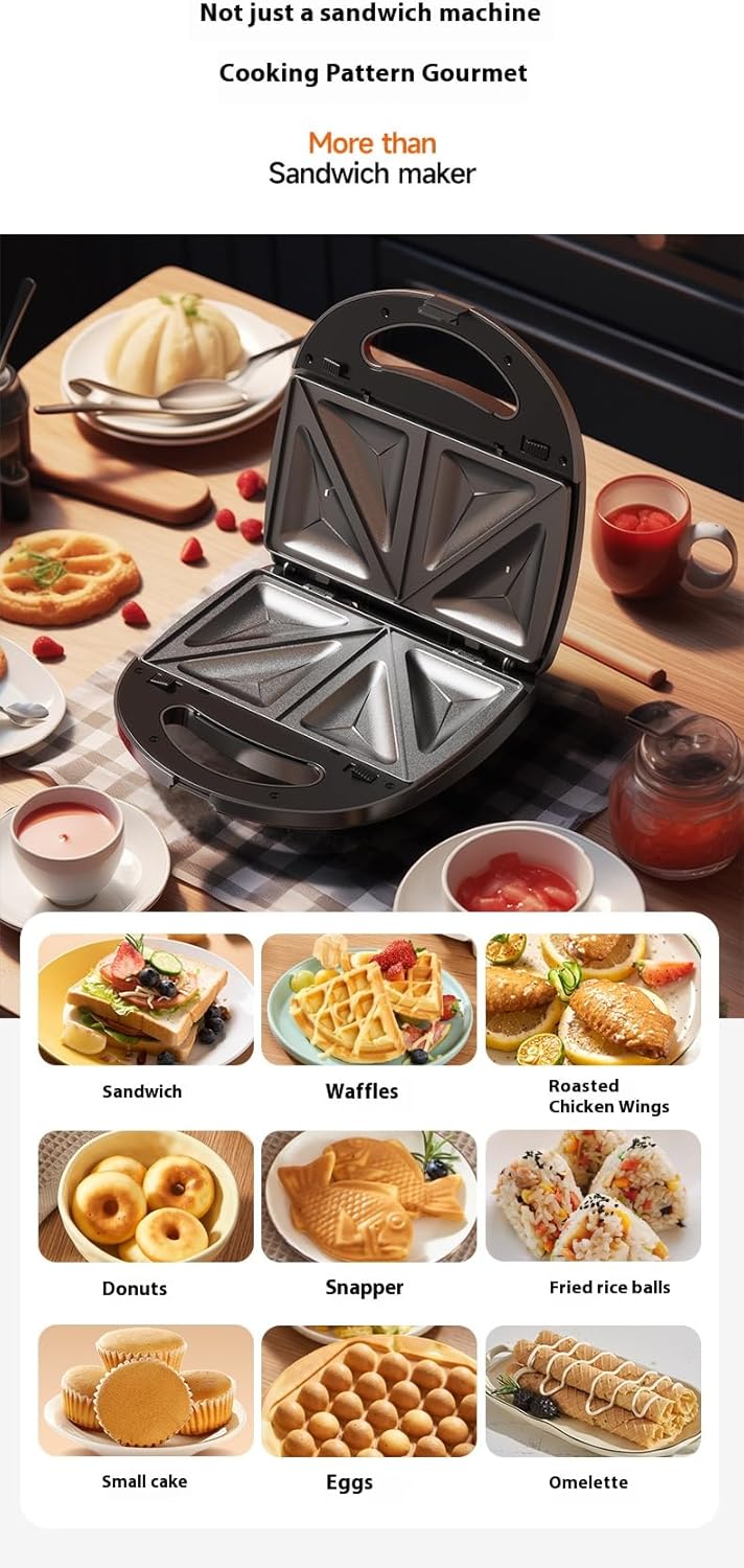 Close-up image of the breakfast maker showing the anti-scald handle, removable non-stick pan liner, and smart indicator lights (green for heating, red for heating completed).