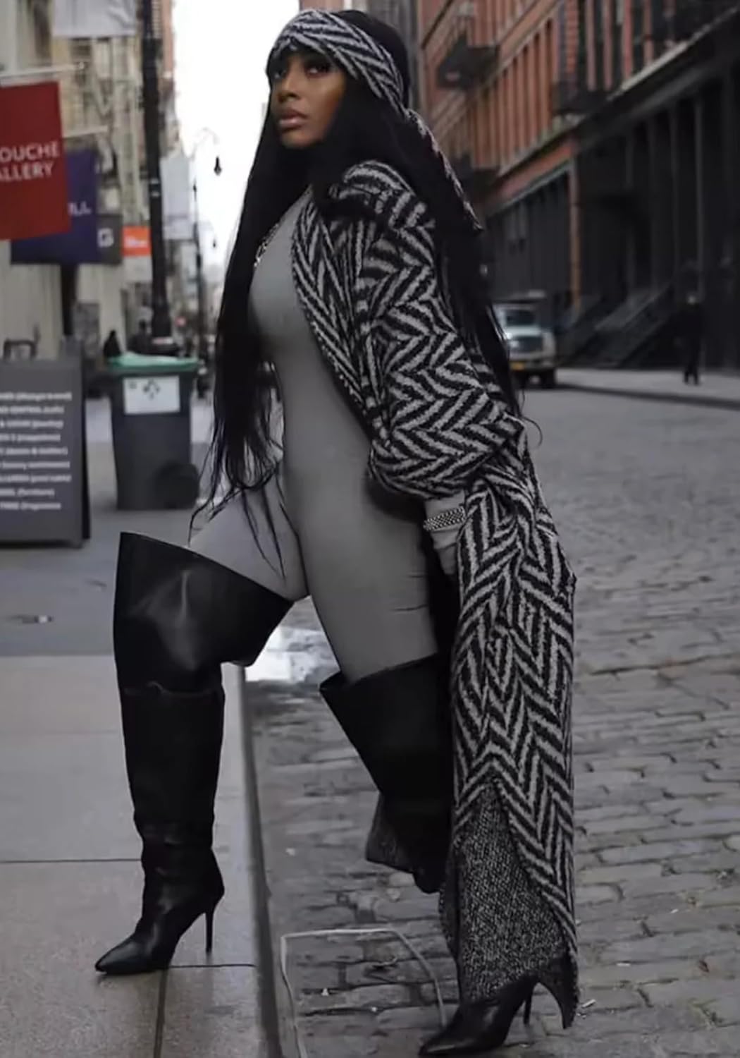 Famnbro Women Long Cardigan Sweaters Chunky Striped Open Front Batwing Sleeves Duster Knitted Outwear with Headbands - Image 4