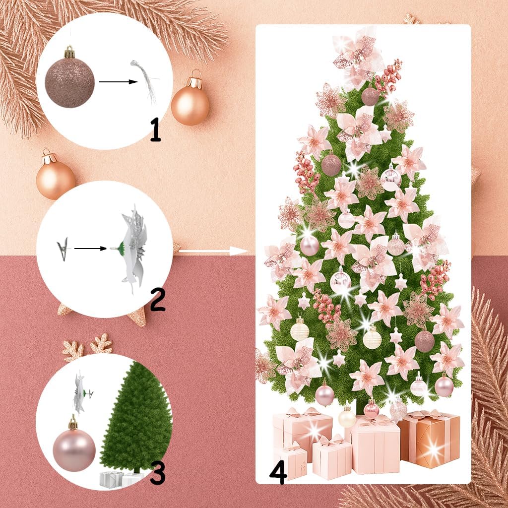 KEPATO 48PCS Christmas Tree Decorations Set, Rose Gold Christmas Ornaments Set Includes Ball, Artificial Poinsettia Flowers and Berries, for Xmas Tree Decor (Rose Gold)