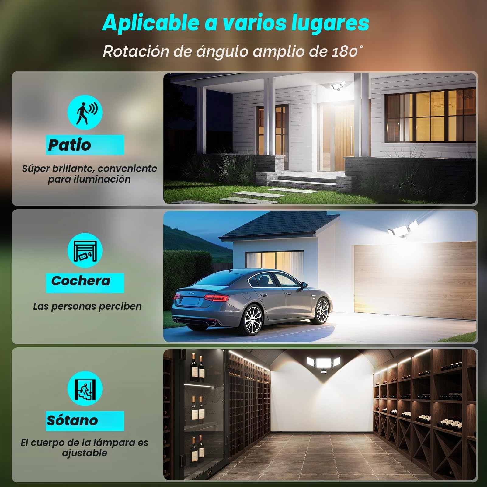 Viugreum Foco LED 200W con Detector de Movimiento, Foco LED Exteriores de 20000LM con Mando a Distancia, Focos de Tres Cabezales de 6500K para Exteriores, IP66 Resistente al Agua Garaje, Patio