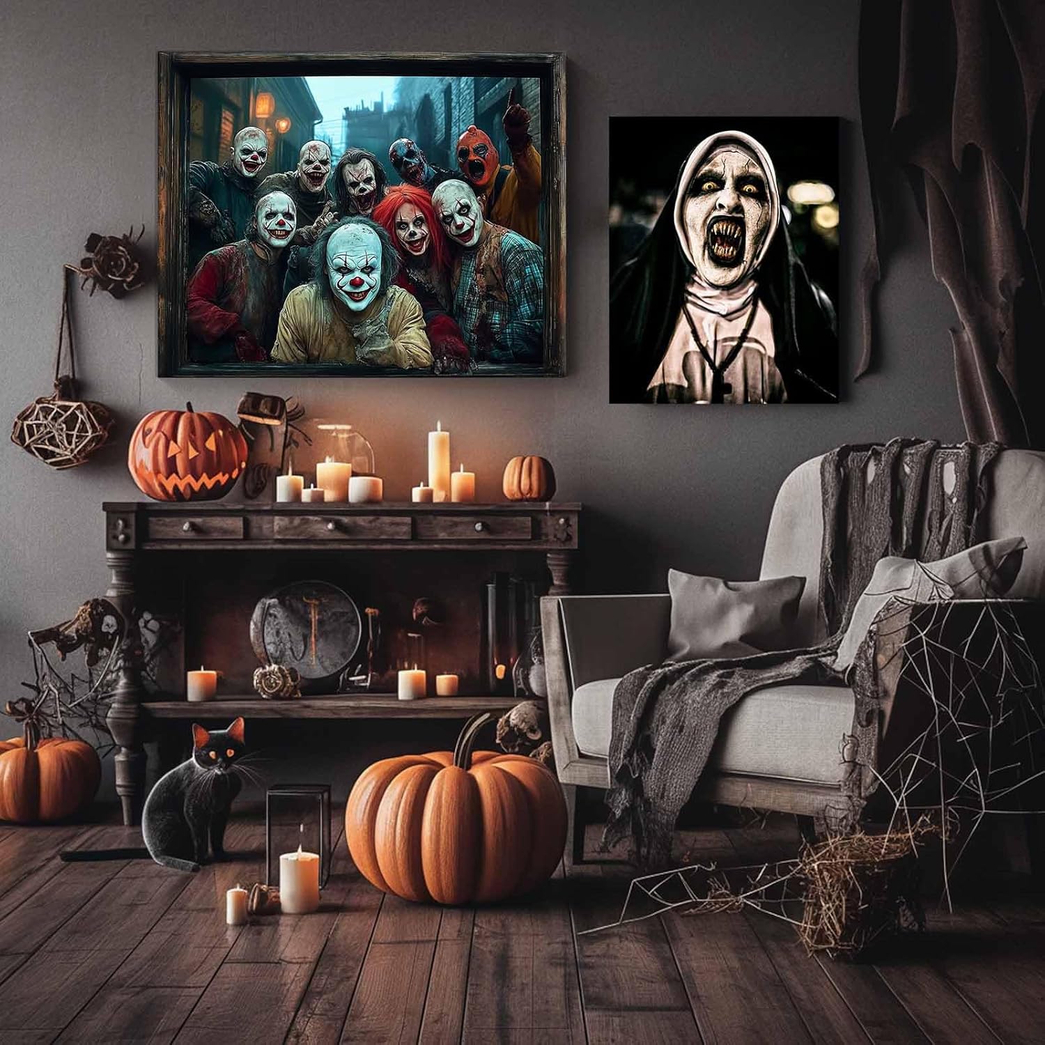 B.B.F MAKE 50+ Types Halloween Wall Art Canvas Print, Framed Oil Paintings Family Wall Decor Photos for Bathroom Living Room Hallway - 3D Window Vision, Top Horrors Clowns Gathering, 16 x 20 Inches