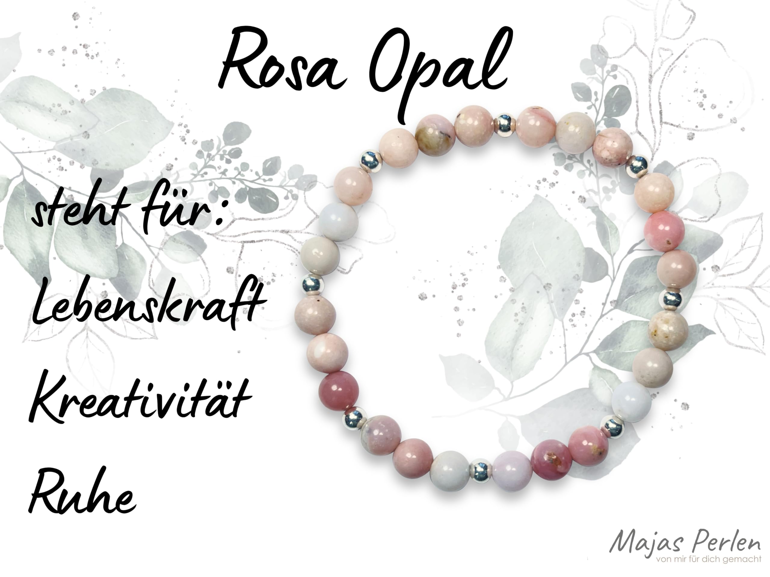 Rosa Opal Armband Perlen echt 6mm mit Edelstahlperlen 4mm Silber Gold Roségold oder Ionisiert - Handmade Perlenarmband Lebenskraft Kreativität und Ruhe - Spiritueller Schmuck Unisex