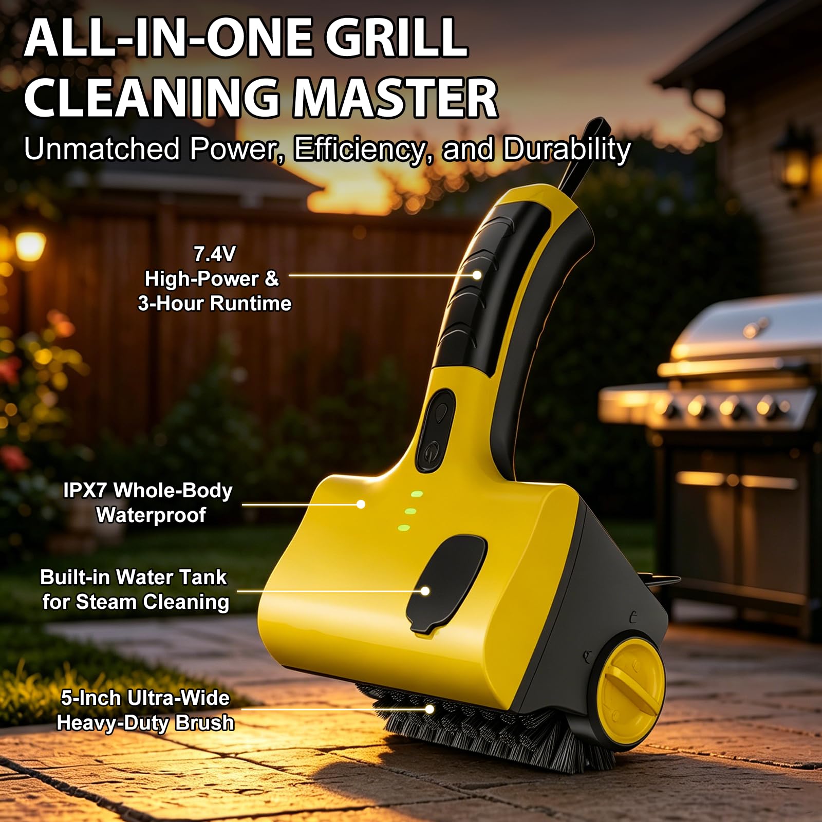 Spazzola elettrica per griglia da 7,4 V e raschietto con spray d'acqua, 12,7 kg, strumento per la pulizia del barbecue senza stallo, IPX7, impermeabile, per griglie in ghisa Weber, testa larga