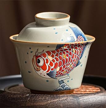 Amazon.com: 中国故事-福建非遗金鱼草木灰泡茶盖碗茶杯单个陶瓷家用敬