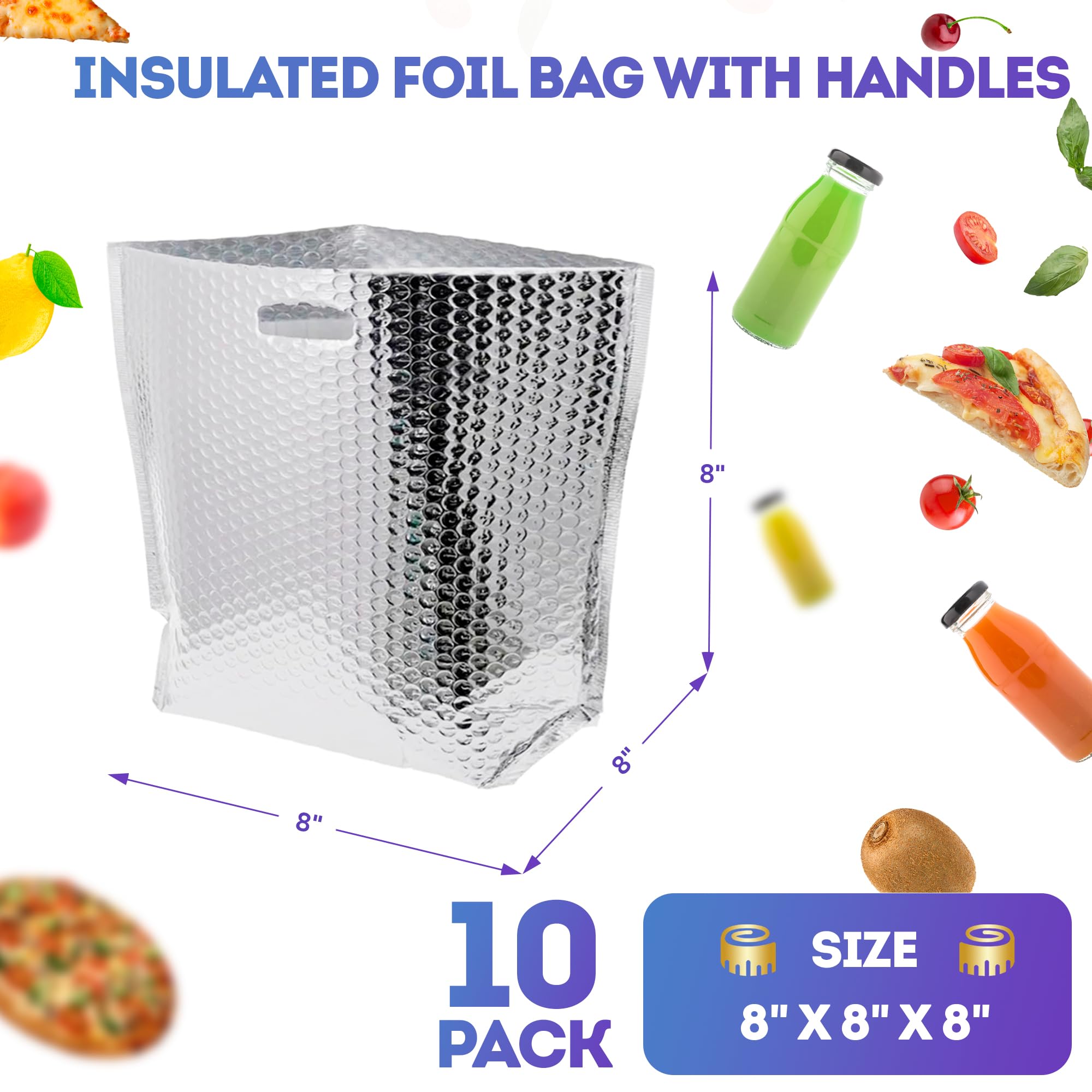 APQ Isolierte Folienbeutel mit Griffen, 20,3 x 20,3 x 20,3 cm, 10 Stück Thermobeutel für Tiefkühlkost, metallisierte Folie isolierte Boxeinlagen mit Blasenkissen, isolierte Versandtaschen für