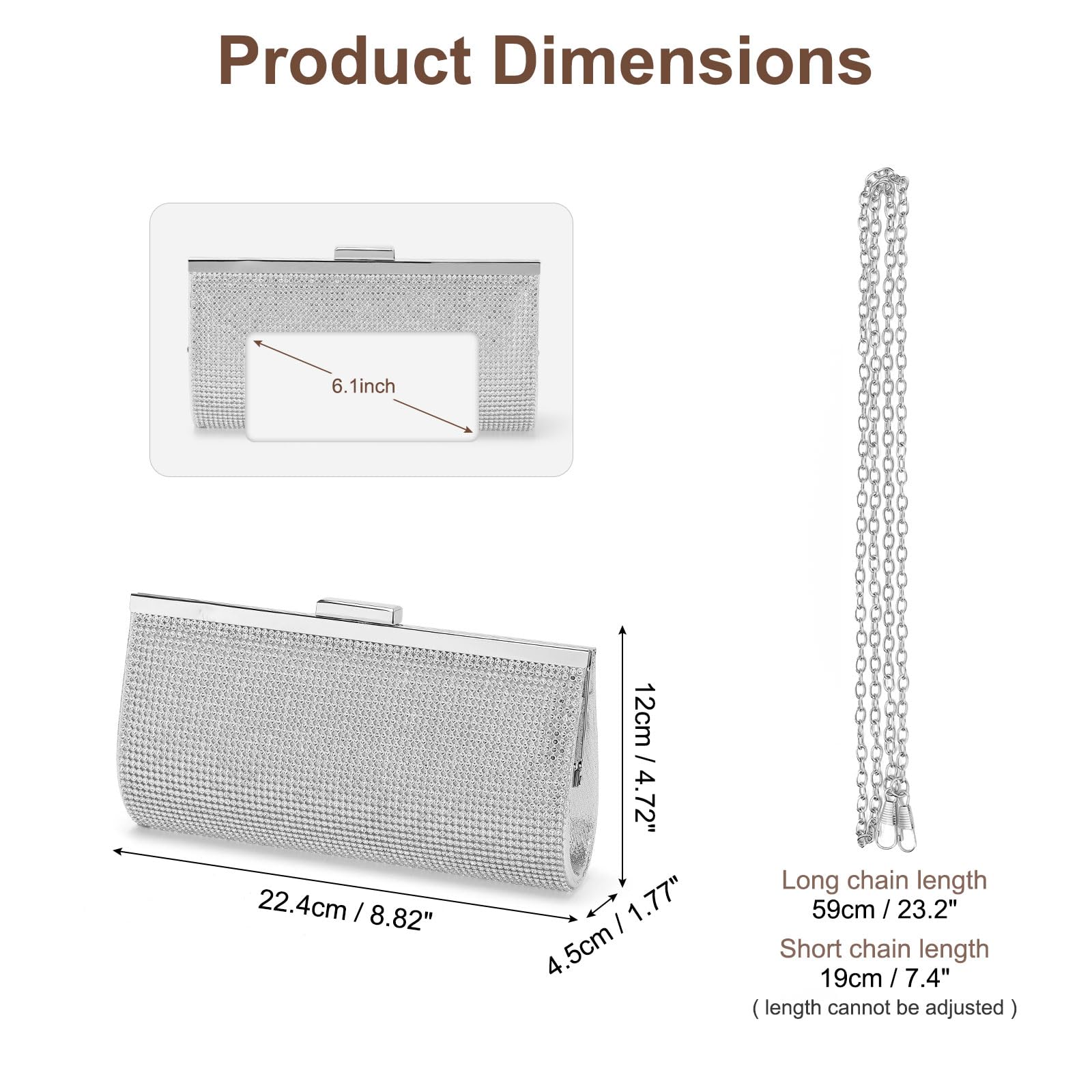 DTGN Evening Bags Clutch Purses for Women Formal, Crystal Rhinestone Purse Handbag Crossbody Bag with Chain Shoulder Bag Sparkly for Wedding Guest Party Silver Silver