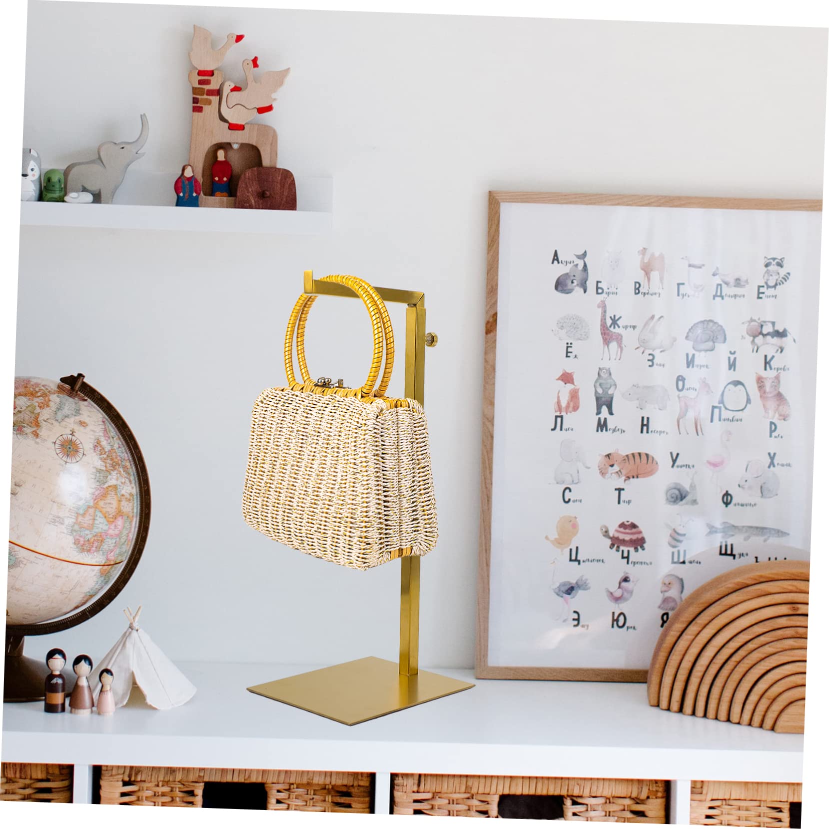 Soporte de exhibición vertical para bolsas y ropa, 4 perchas de metal para bolsos, bolsos, carteras, corbatas y bolsas de mensajero, organizador de armario y estante de almacenamiento
