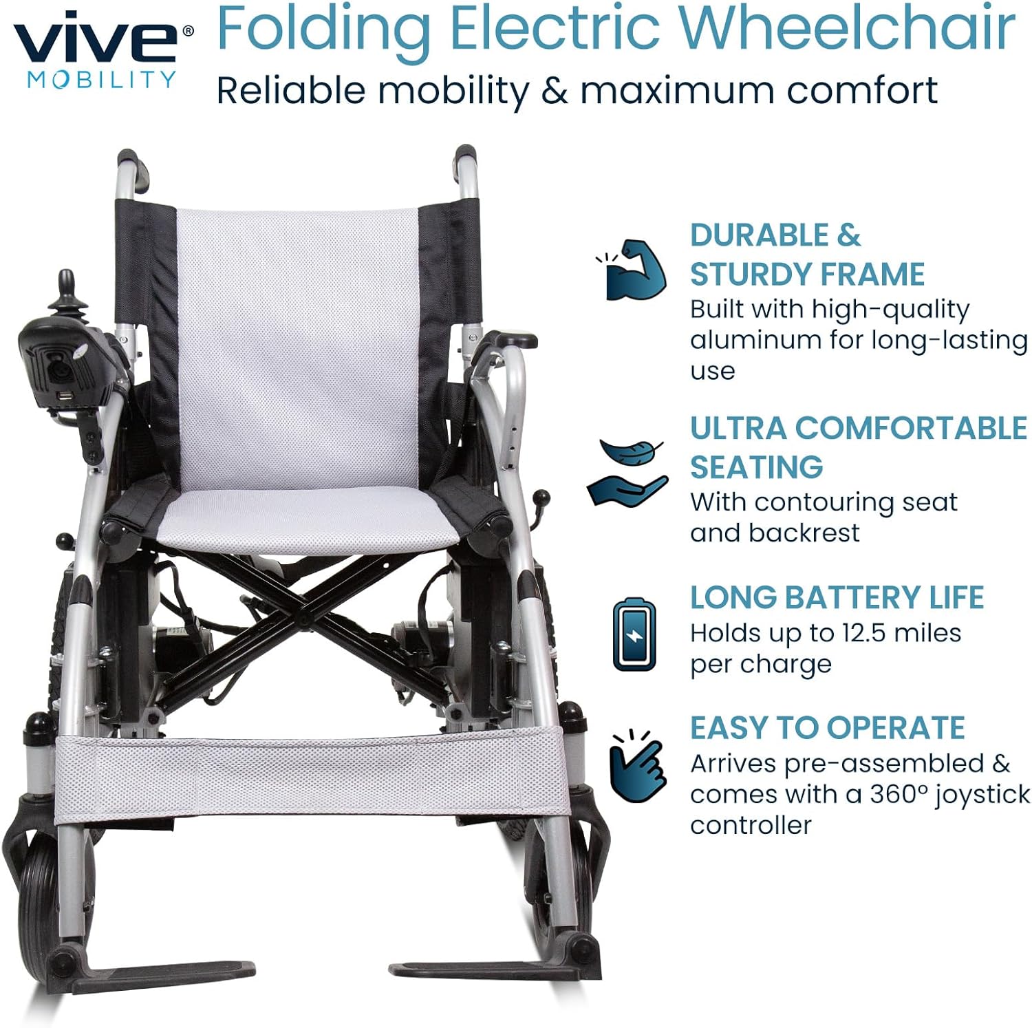 Vive Folding Electric Wheelchair highlighting durable frame, comfortable seating, long battery life, and easy operation.