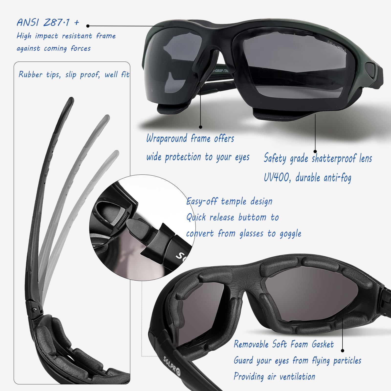 SOL PRO Powersports, occhiali protettivi per moto, anti-appannamento, antivento, caccia, equitazione, falciatura, uomo e donna