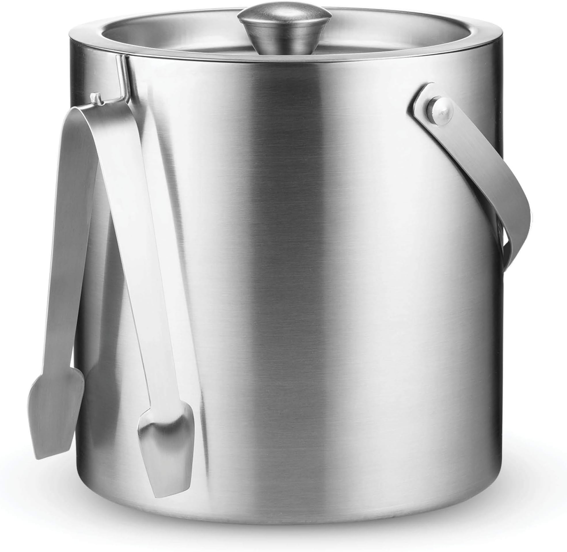 High-quality Stainless Steel Ice Bucket with Lid and Tongs, 2.8 Litre Premium Double Wall Metal Ice Buckets with Strainer - Easy to Carry Handle - Bar Ice Bucket for Ice Cubes, Beer and