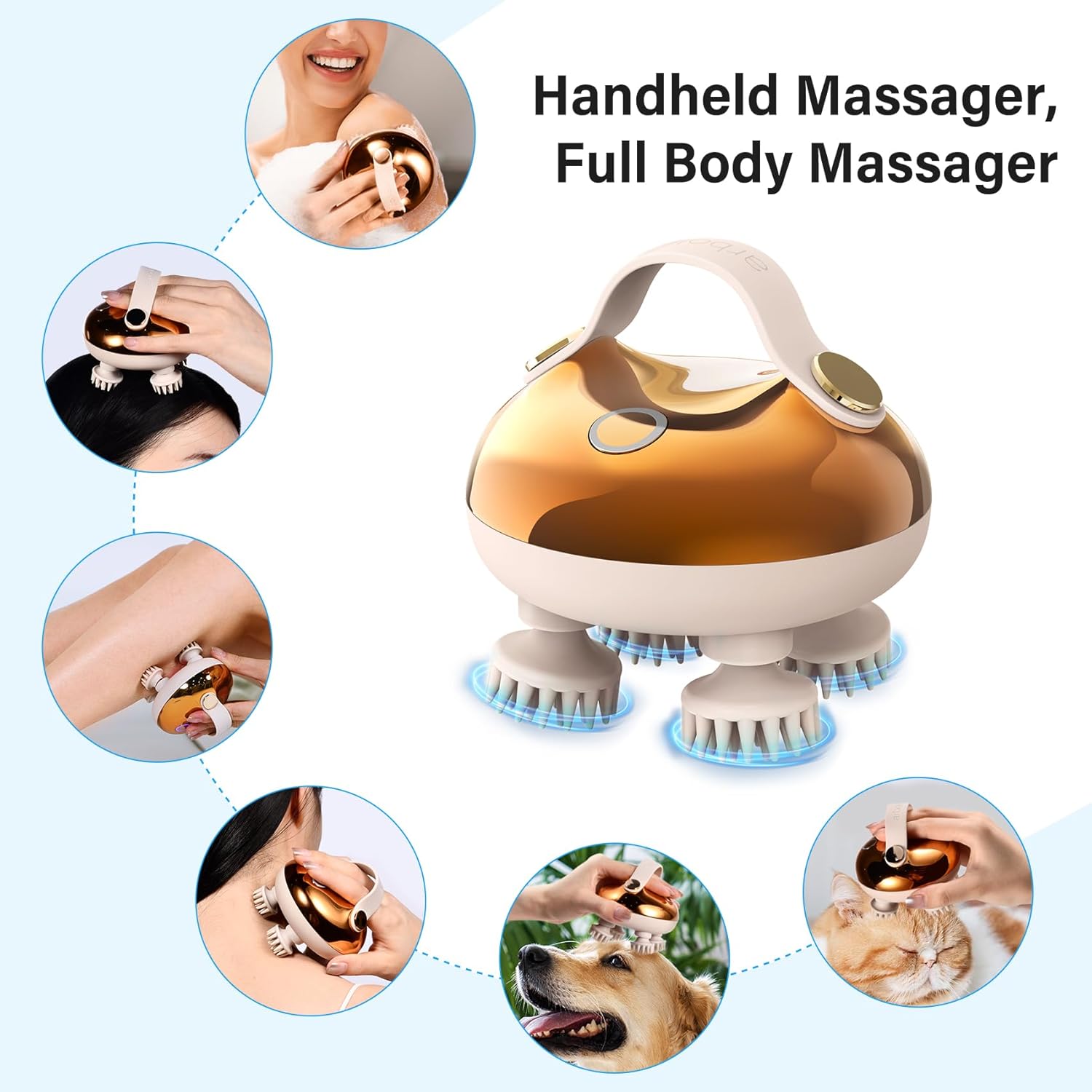 arboleaf Handheld Massager being used on various body parts including head, neck, arm, and for pet massage