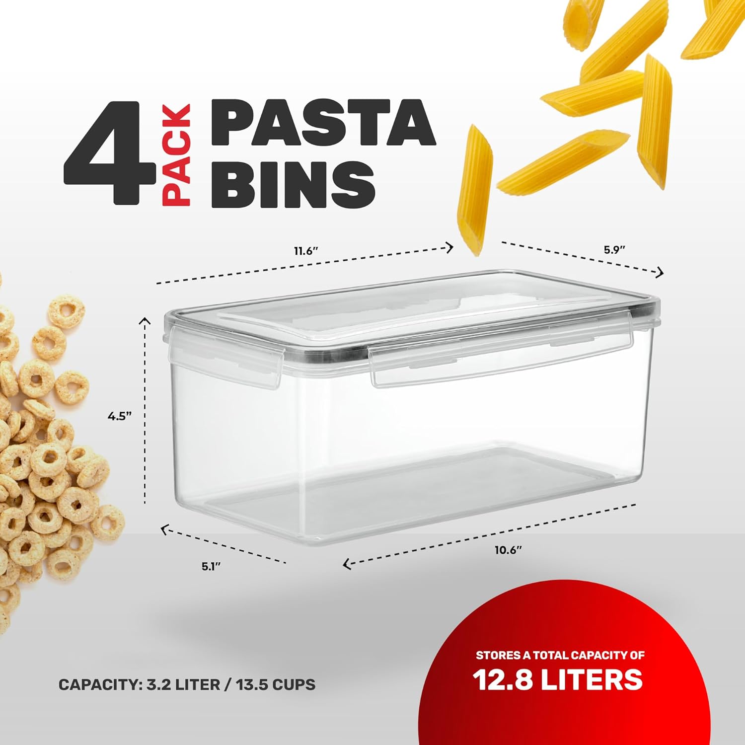 Large Airtight Food Storage Containers with Lids Set of 4 3.2L - 102 fl. oz Pasta storage Containers, BPA Free Plastic Spaghetti container - Air Tight Canisters for Kitchen Pantry Organization - Image 3