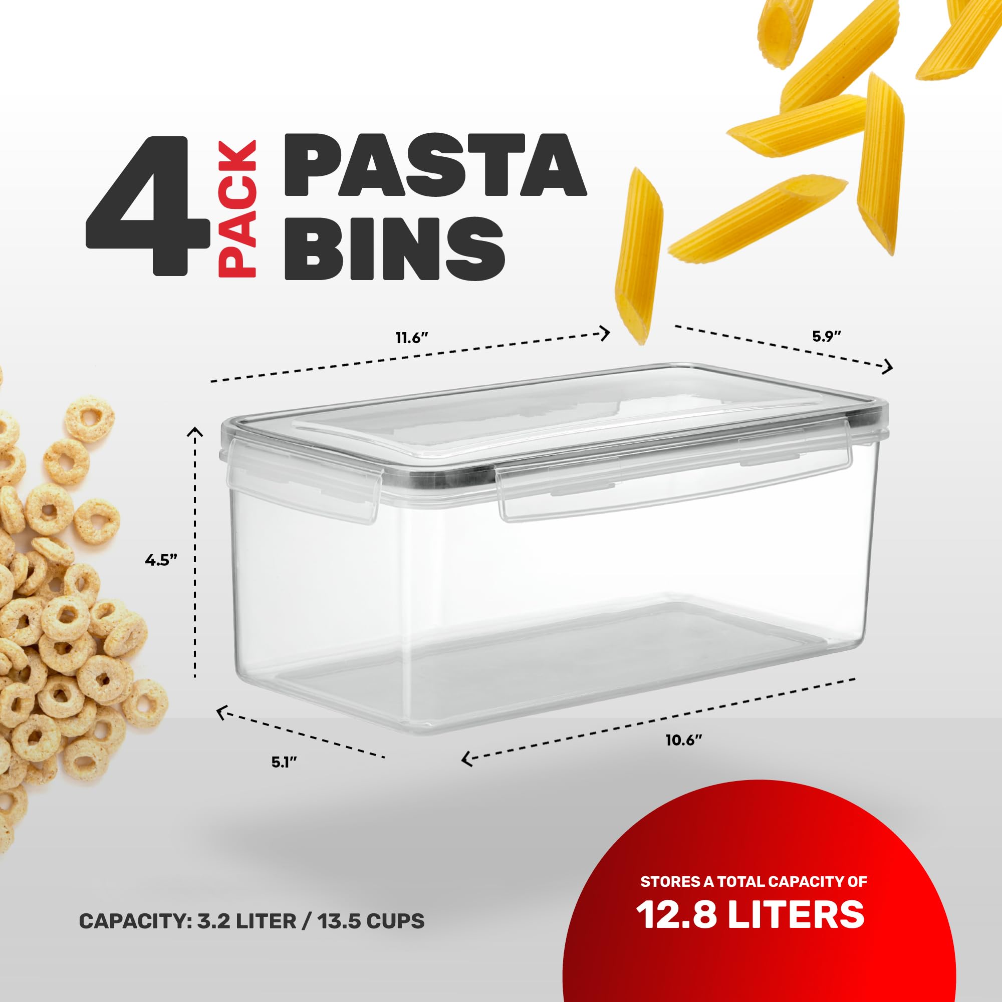 Juego de 4 recipientes herméticos grandes para almacenamiento de alimentos con tapas, 3.2 L - 102 fl. oz, contenedor de plástico sin BPA, recipientes herméticos para organización de despensa de cocina