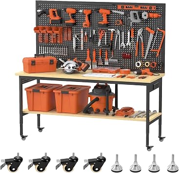 60" Adjustable Height Workbench,9-Level Heavy Duty Work Table with Storage Shelf Pegboard LED Light & Built-in Power Strip, 2010 lbs Load Capacity Rolling Tool Bench for Garage Workshop