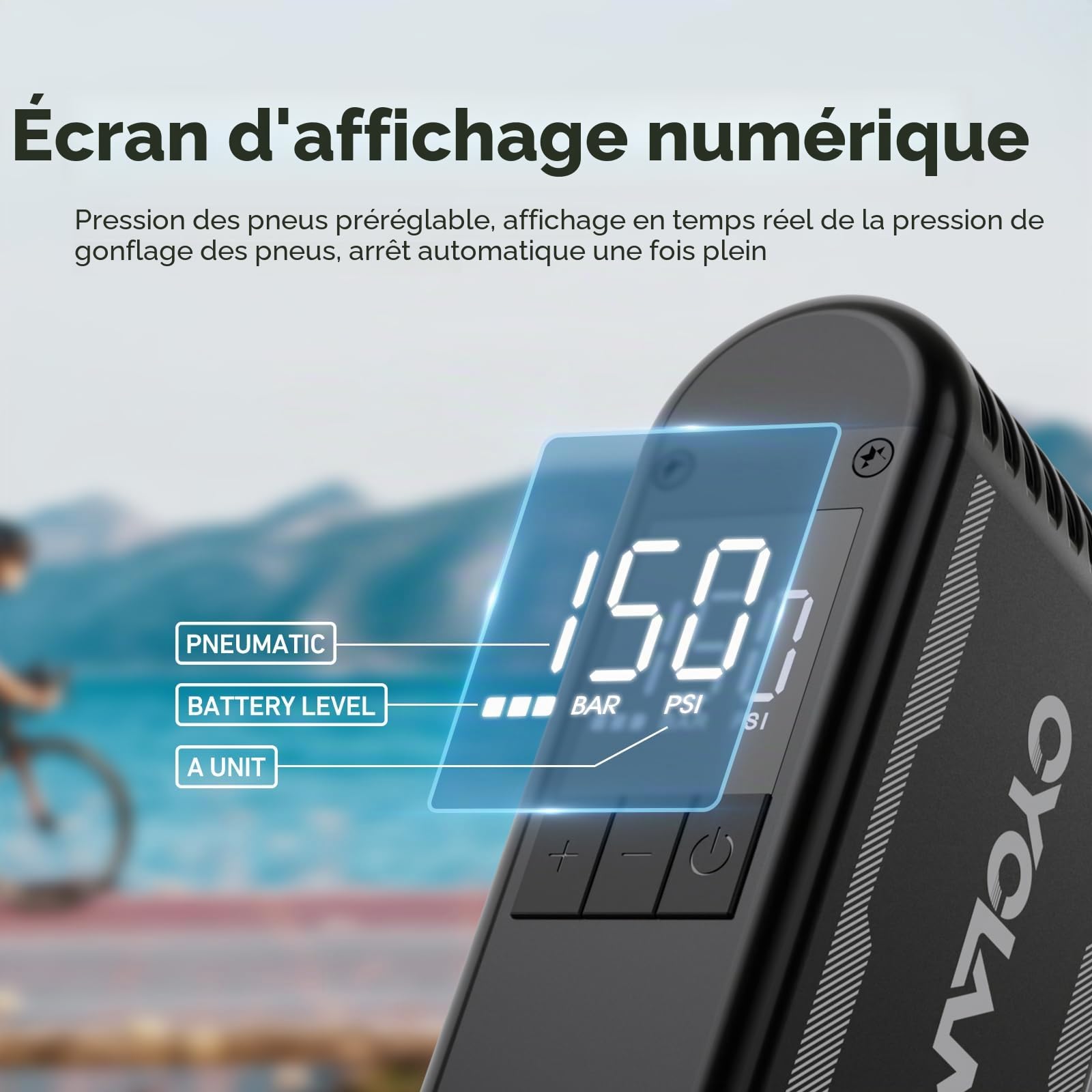 A2MAX Pompe à Vélo Electrique Mini Pompe Velo Portable avec Manomètre Numérique Max 150 PSI arrêt Automatique pour Tous Les vélos pour Valve Schrader et Presta
