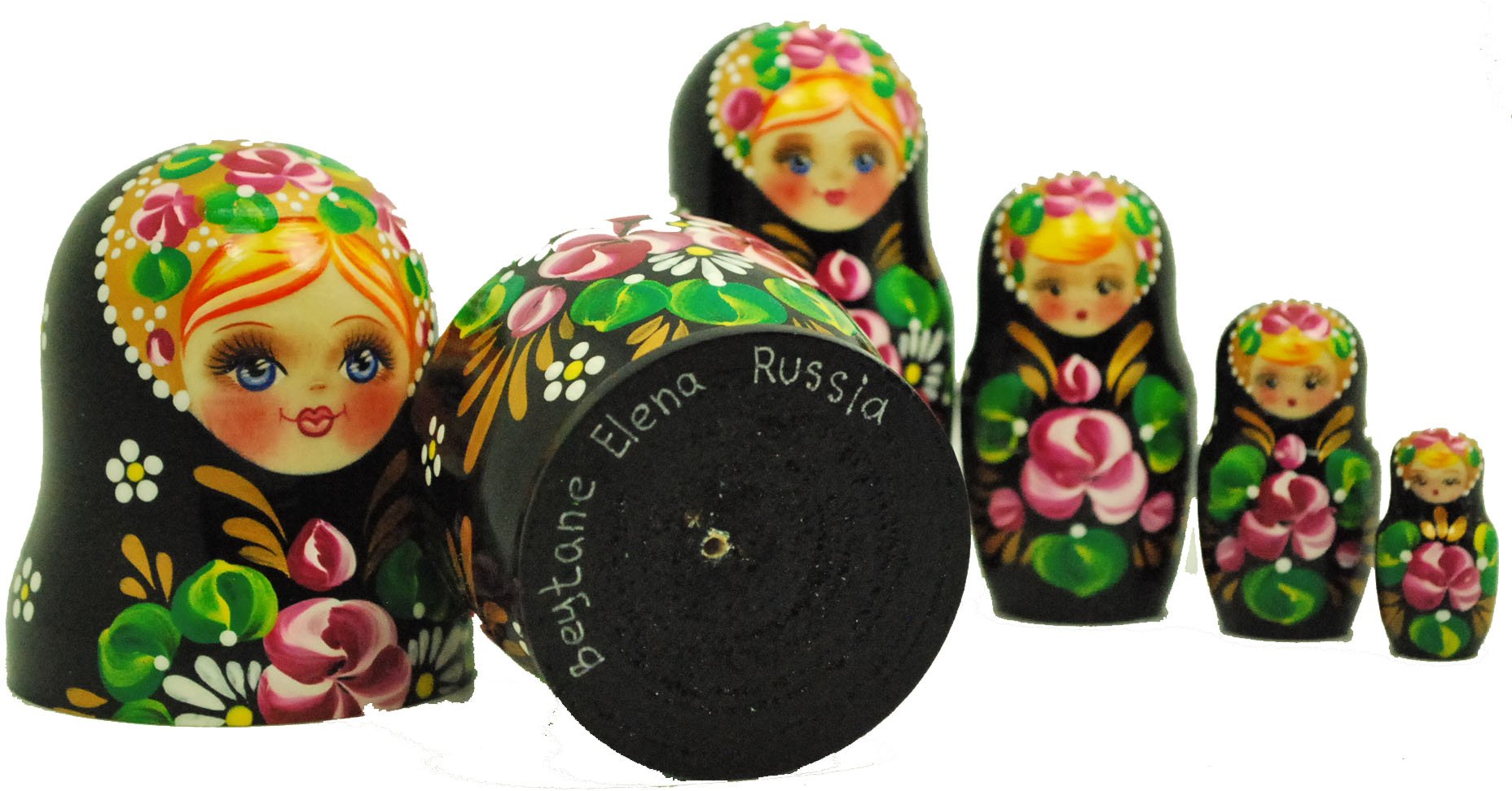 Beautiful Authentic Russian Hand Painted Black Pink Flower Nesting Dolls Set of 5 Matryoshkas