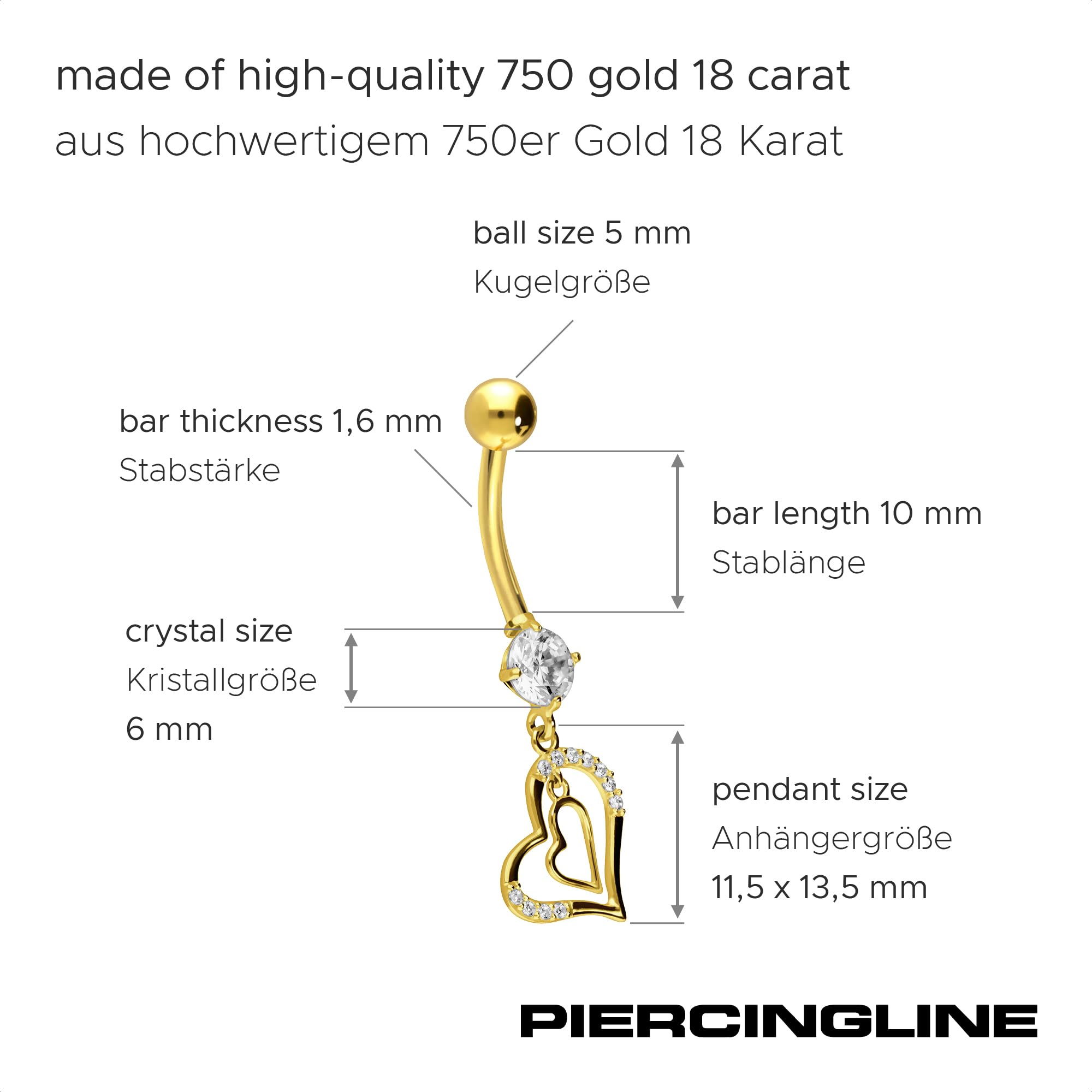 PIERCINGLINE 750er GOLD Bauchnabelpiercing 18 KARAT 2 Herzen Piercing Bananabell Banane Farbauswahl