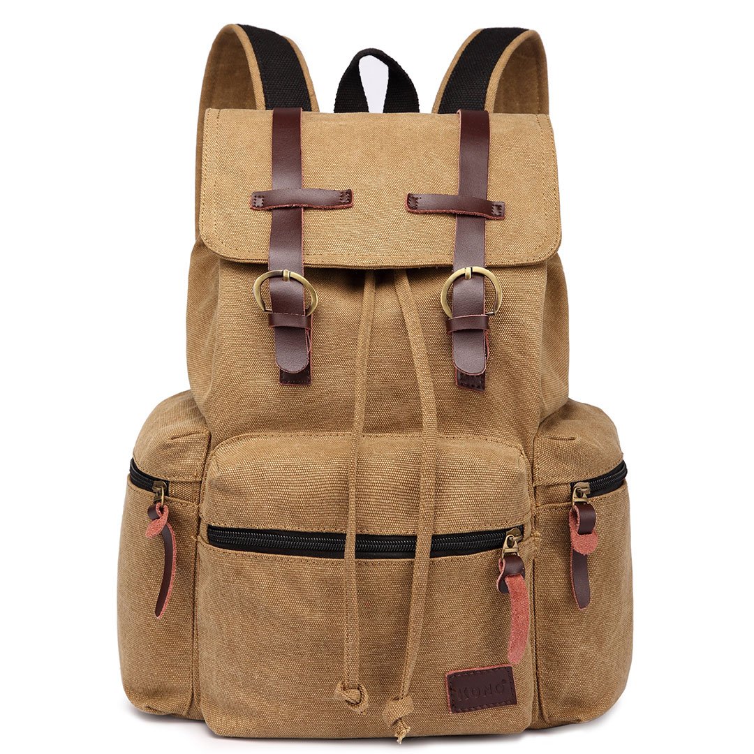 KonoLarge Multi Function Leather Details Canvas Light Weight Backpack Rucksack Unisex Brown