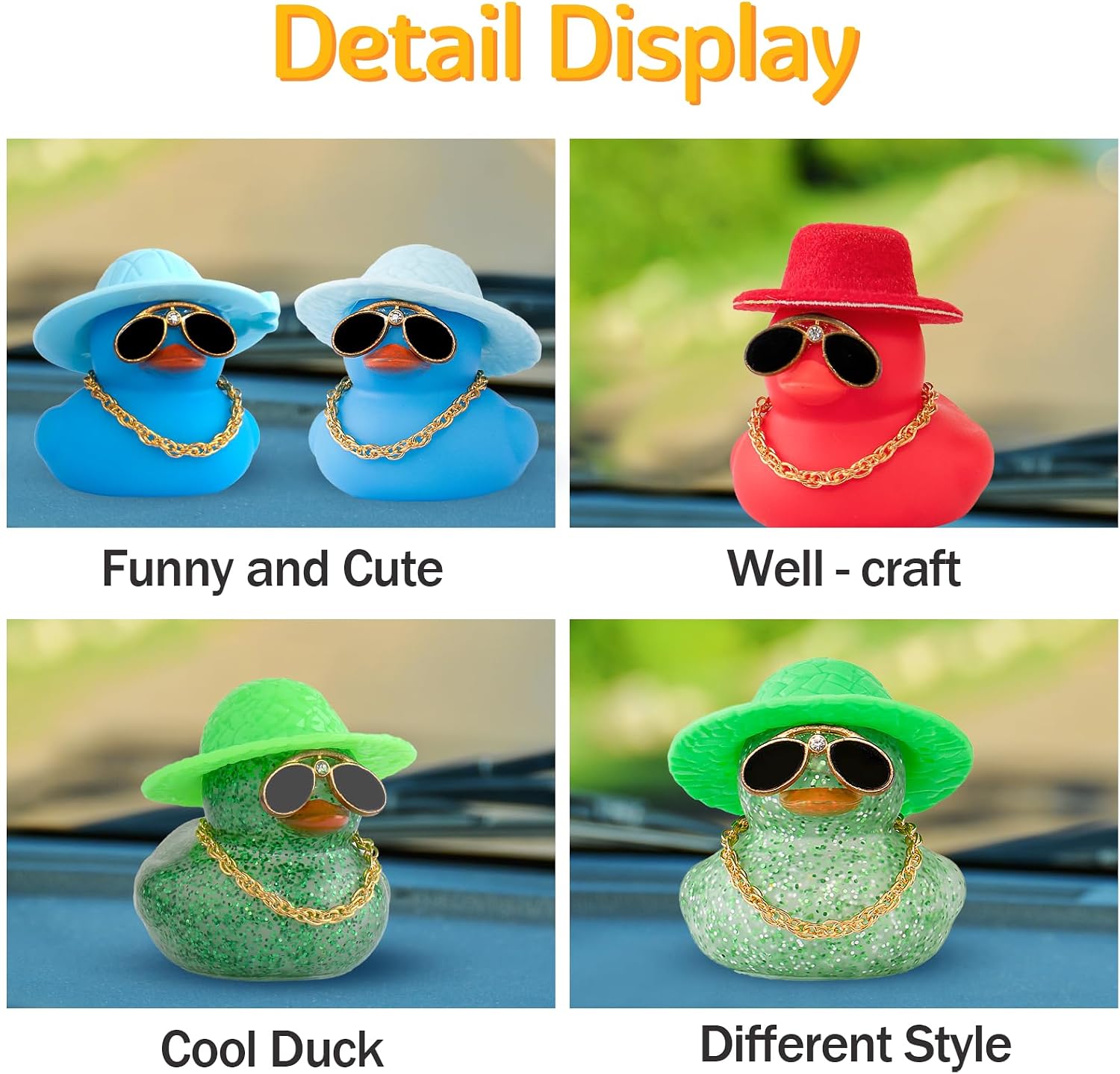 wonuu Car Dashboard Rubber Duck Ornament, Car Decoration Colour Ducks Accessories with Mini Hat Necklace and Sunglasses, M-Blue-Flower Hat