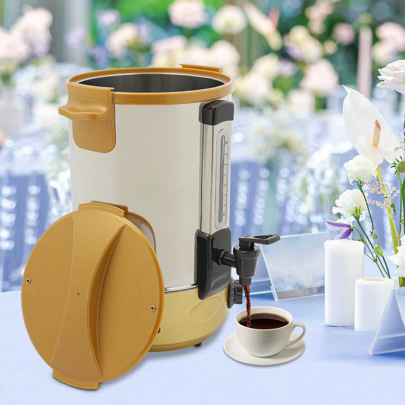 Commercial Grade Stainless Steel Electric Hot Water Dispenser Coffee Urn, Insulated Beverage Machine with Spigot Heat Preservation Bucket for Coffee Catering Restaurant (Gold, 3.43 Gal)