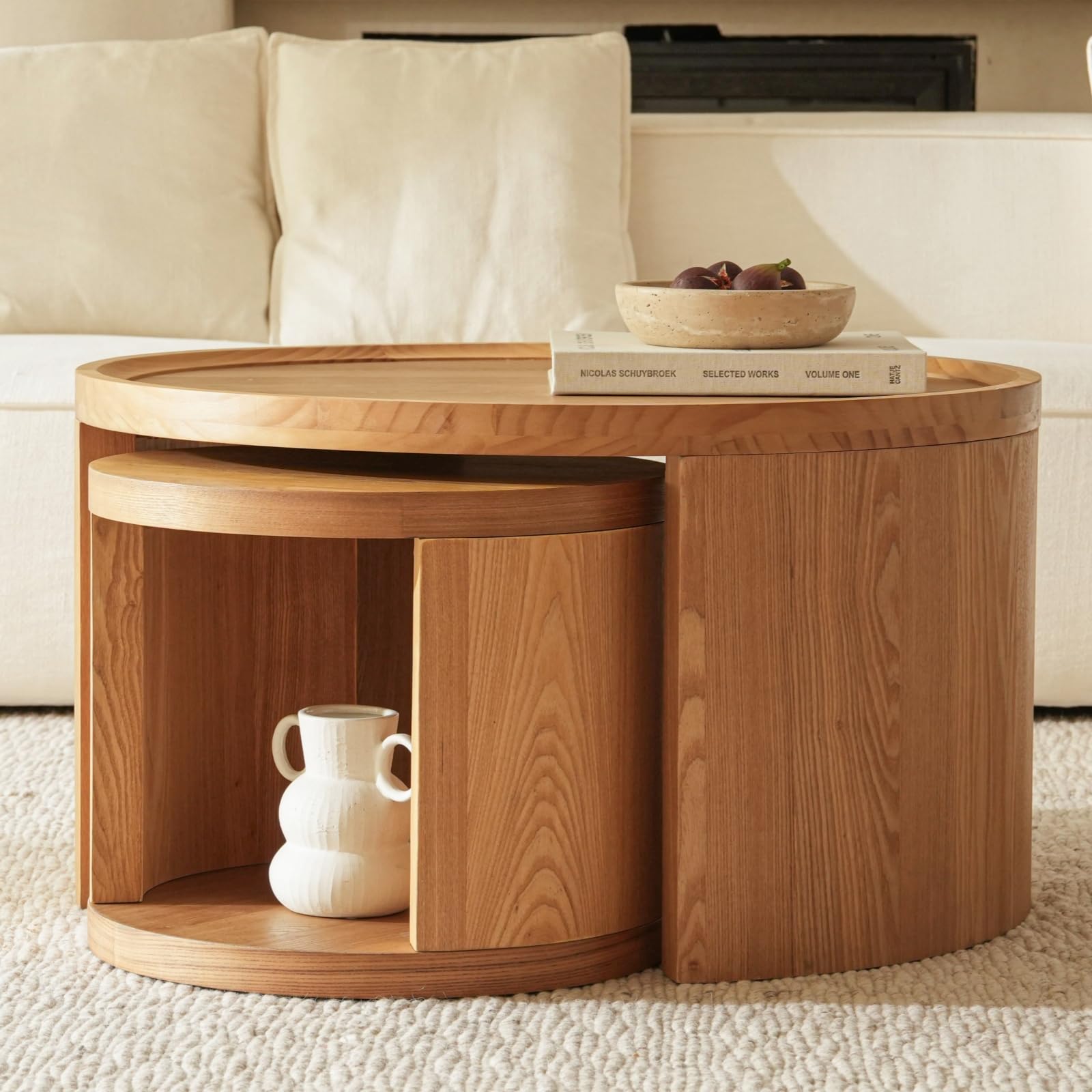 Table Basse Lot de 2 Ronde Bois, Table Gigogne Ronde avec Rangement, Tables Basses, Table de Salon Rondes & Table d’Appoint, Table Basse Salon Moderne en Bois, Ø80+Ø46cm, Blanc