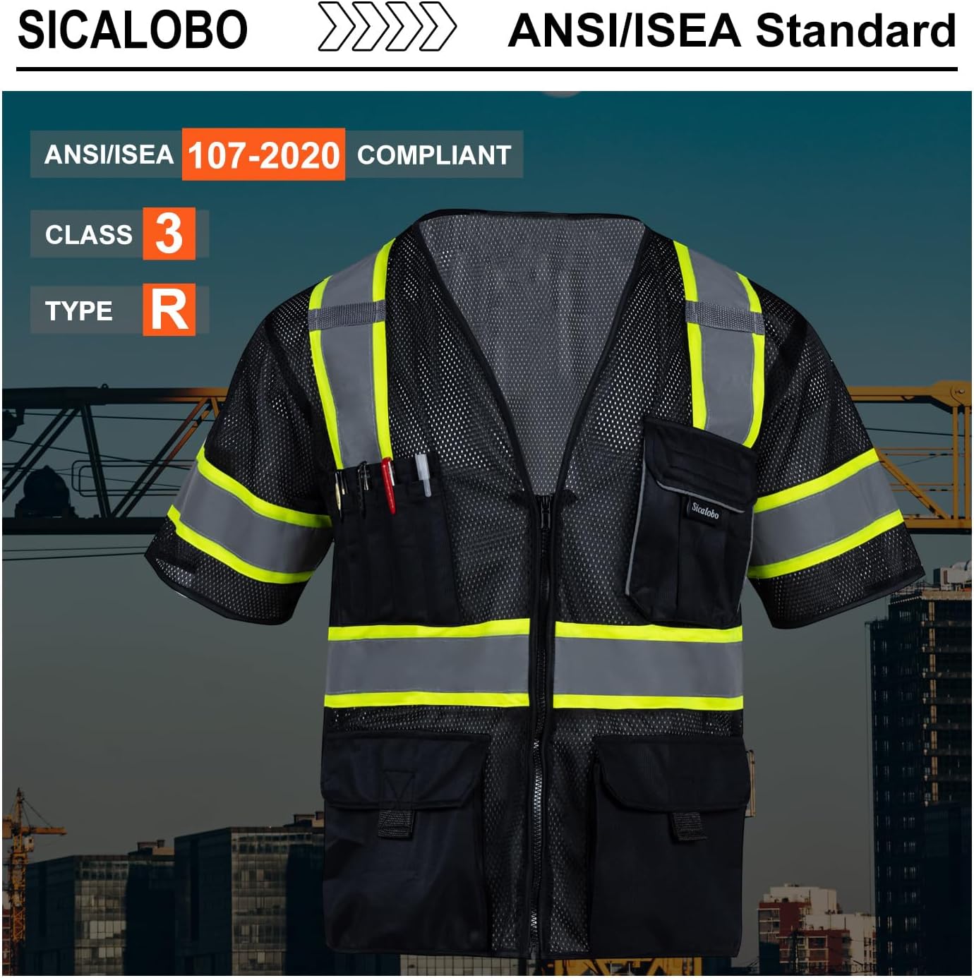 Men's High Visibility Safety Mesh Vest with 10 Pockets,Hi Vis Class 3 Reflective Work Vests Zipper Front Workwear - Image 3